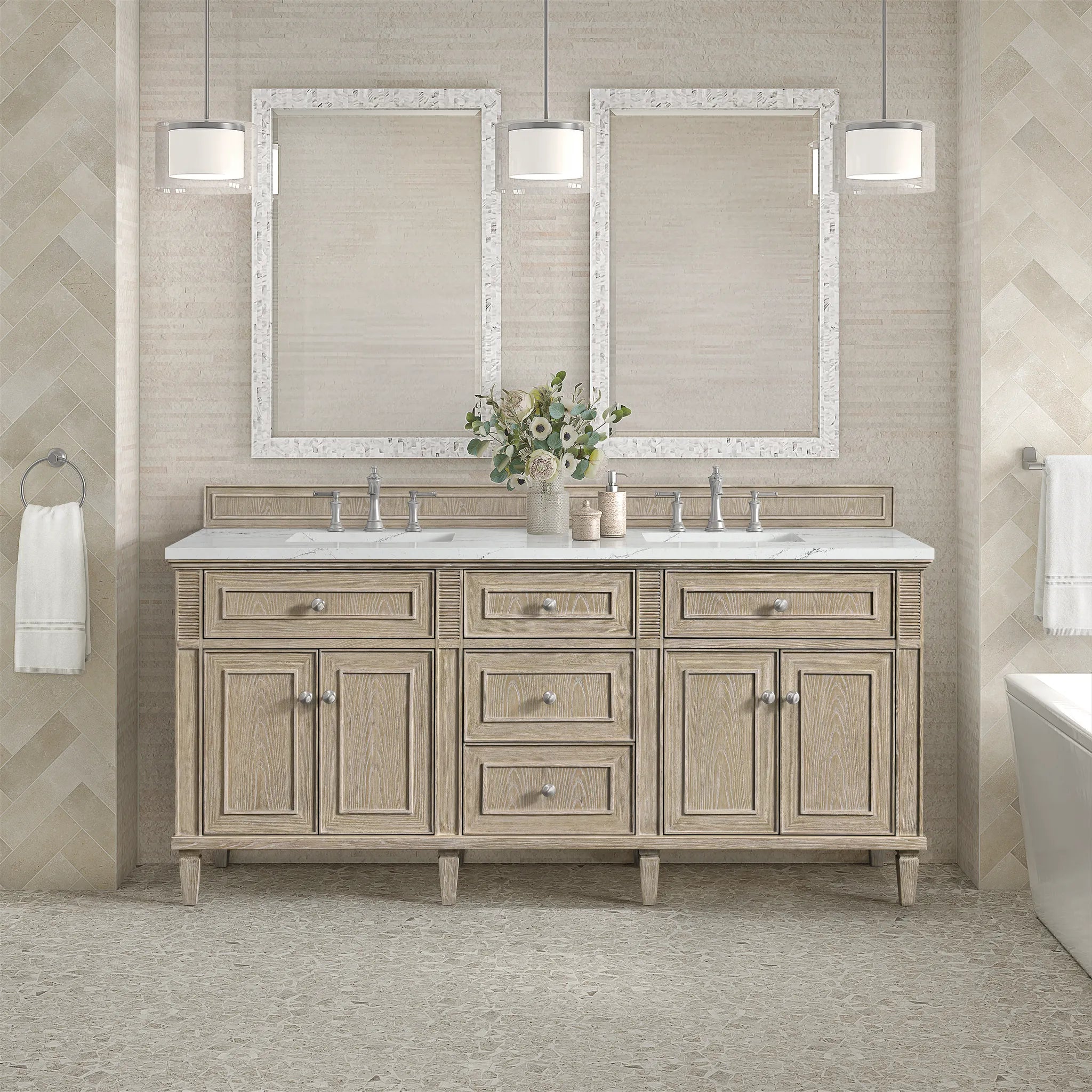 72" Lorelai Double Vanity in Whitewashed Oak w/FreePower Wireless Charger-Ethereal Noctis Silestone-8" Widespread image 5