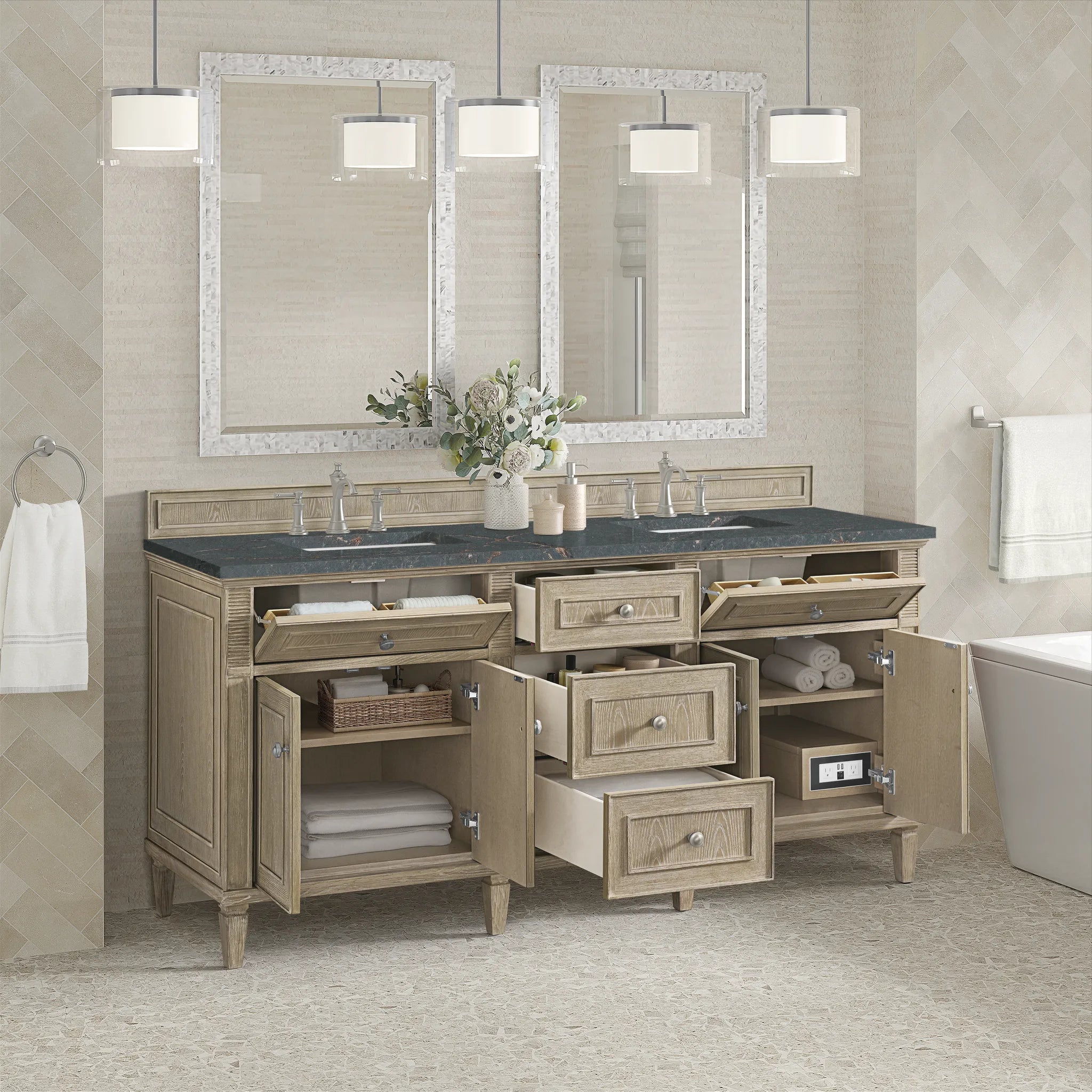 72" Lorelai Double Vanity in Whitewashed Oak w/FreePower Wireless Charger-Parisien Bleu Silestone-8" Widespread image 7