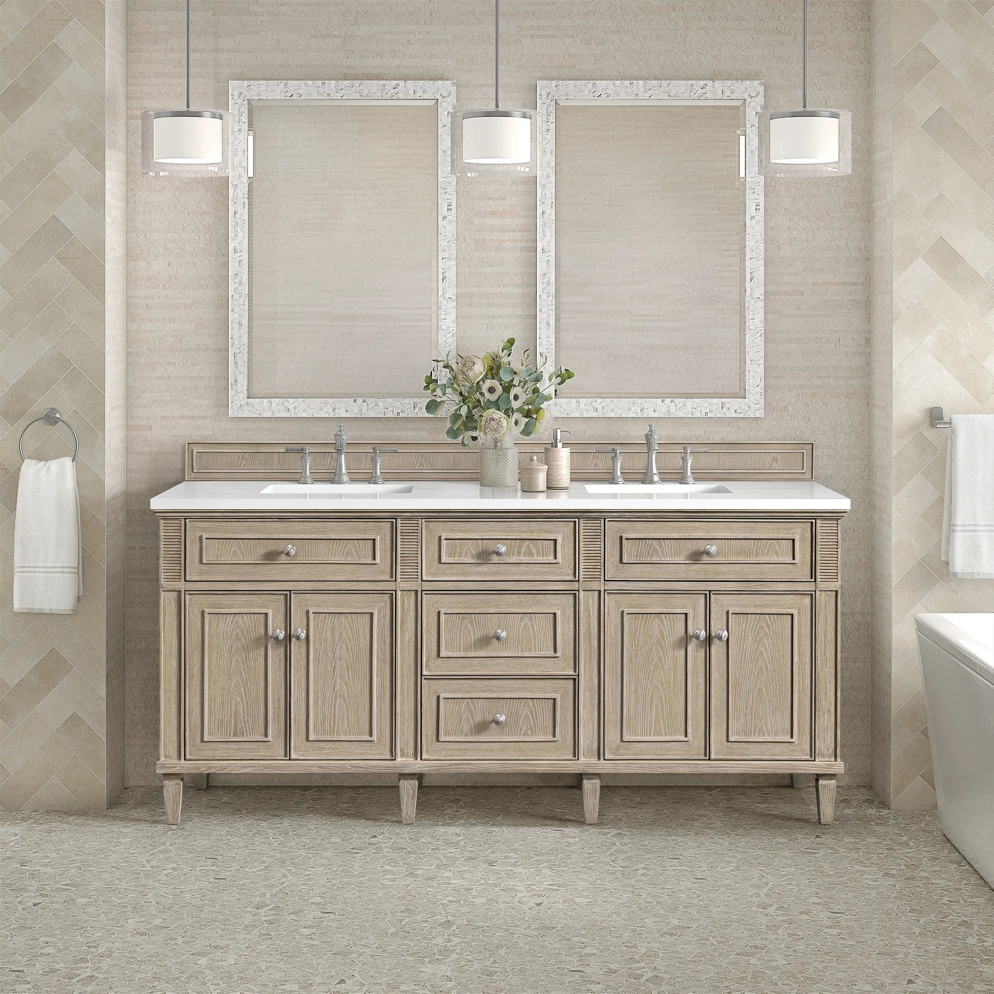 72" Lorelai Double Vanity in Whitewashed Oak-White Zeus Silestone-8" Widespread image 2