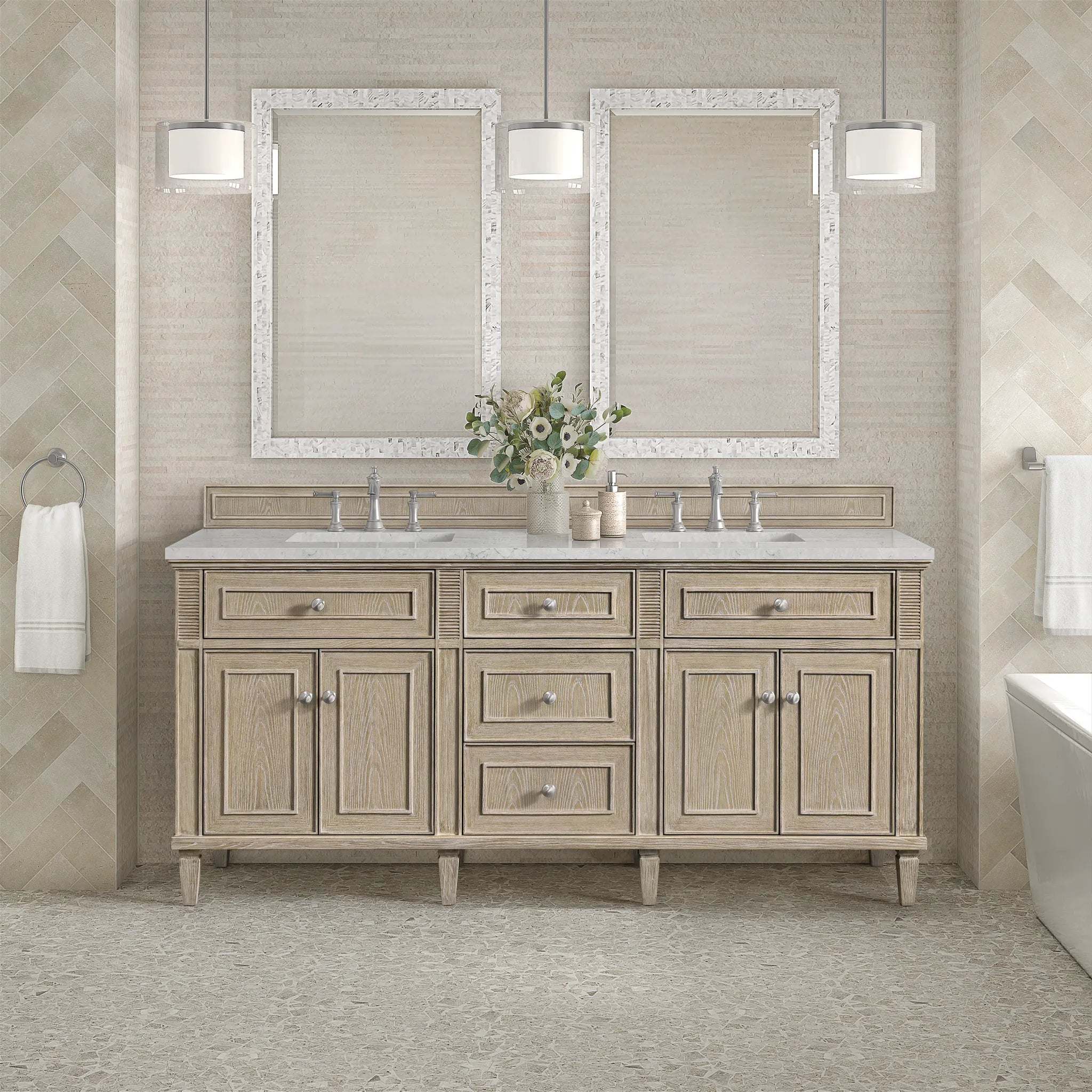 72" Lorelai Double Vanity in Whitewashed Oak Wireless Charger-Eternal Jasmine Pearl Silestone-8" Widespread image 5