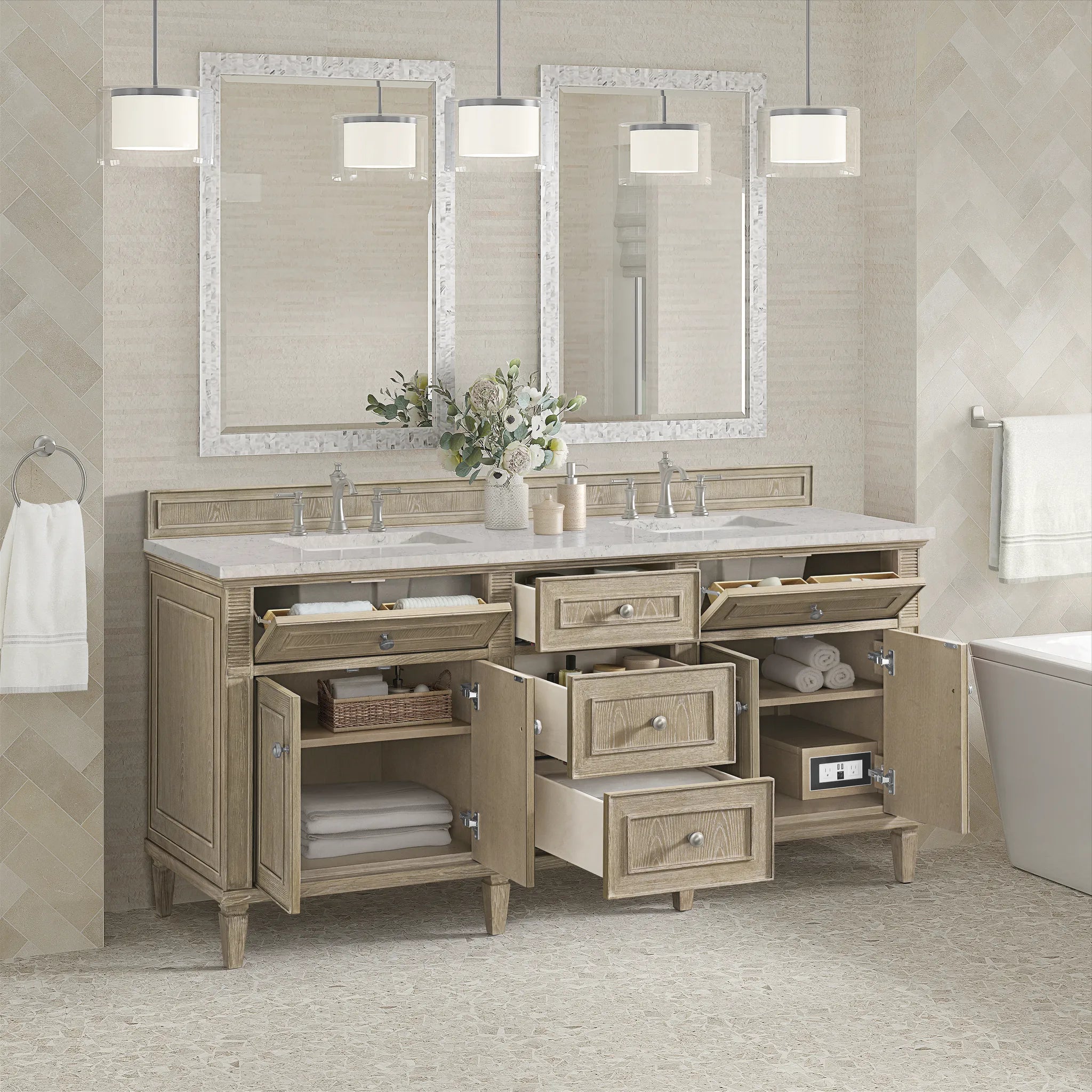 72" Lorelai Double Vanity in Whitewashed Oak Wireless Charger-Eternal Jasmine Pearl Silestone-8" Widespread image 7
