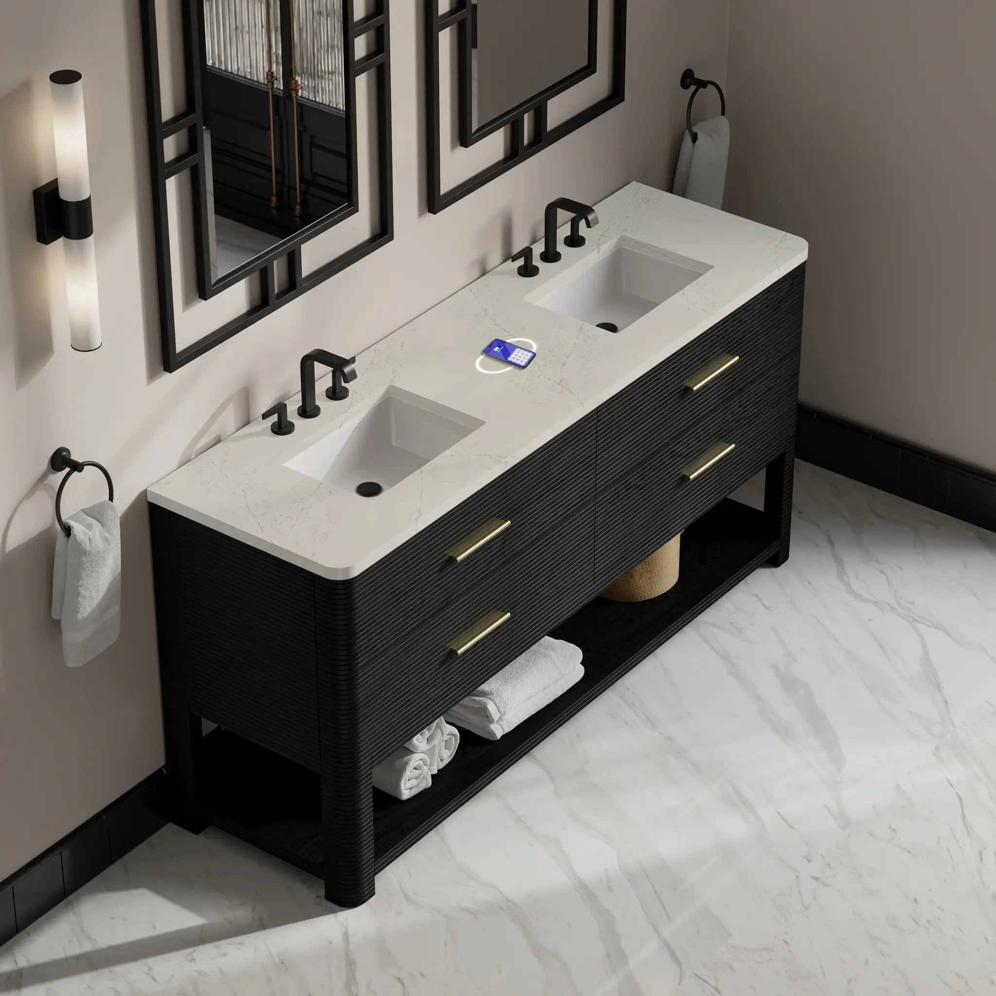 72 Lucian Double Vanity In Carbon Oak Power Enabled Siberian Silestone 8 Widespread 8