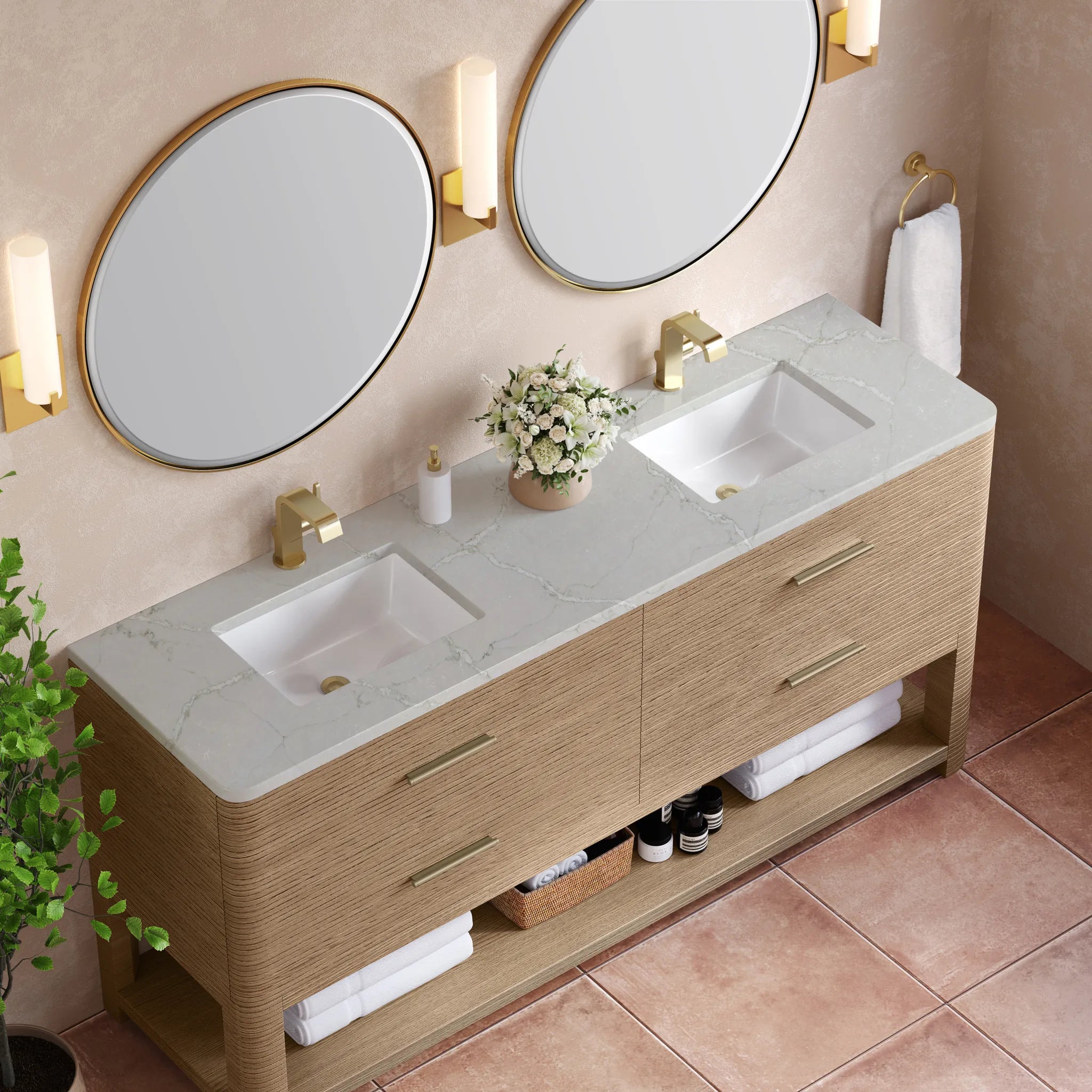 72" Lucian Double Vanity in Pebble Oak-Victorian Silver Silestone-Single Hole image 3