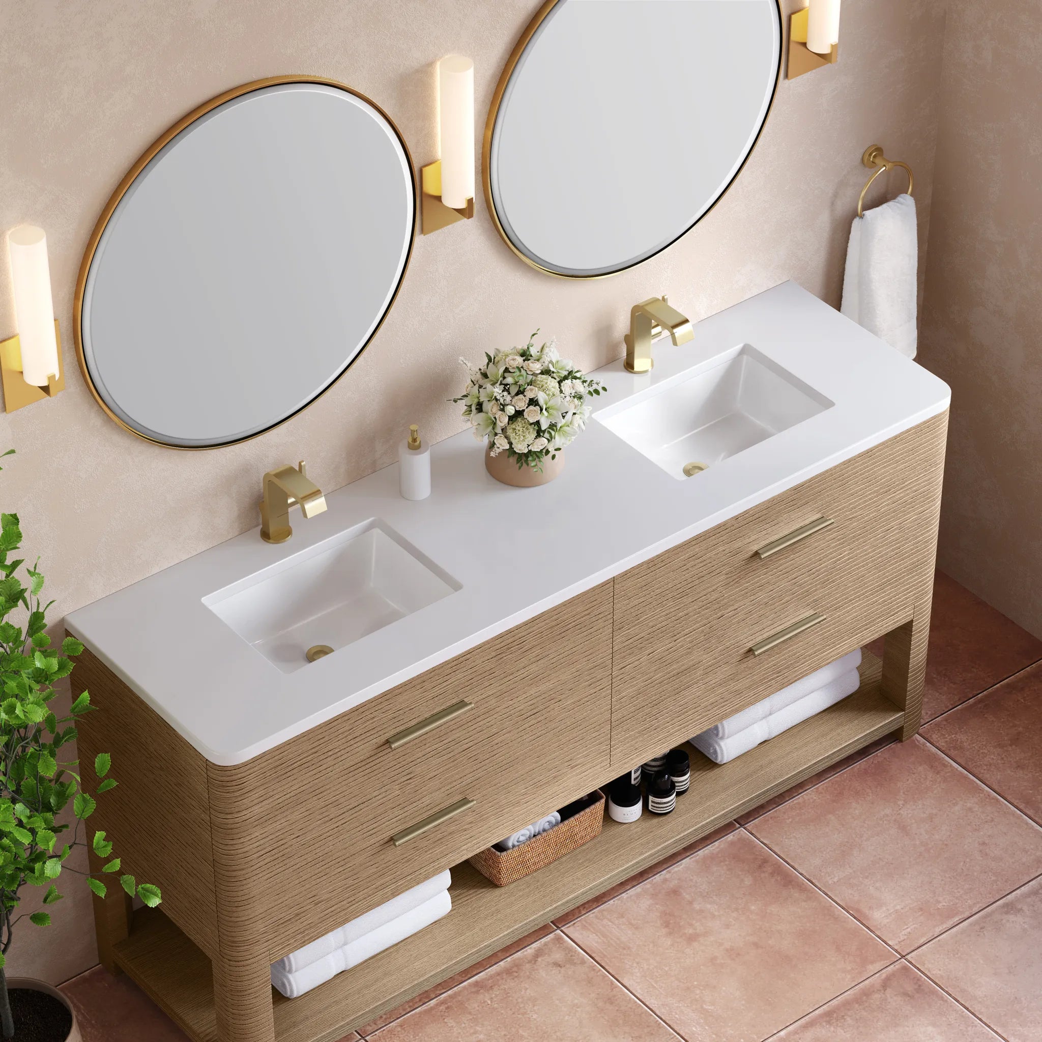 72" Lucian Double Vanity in Pebble Oak-White Zeus Silestone-Single Hole image 4