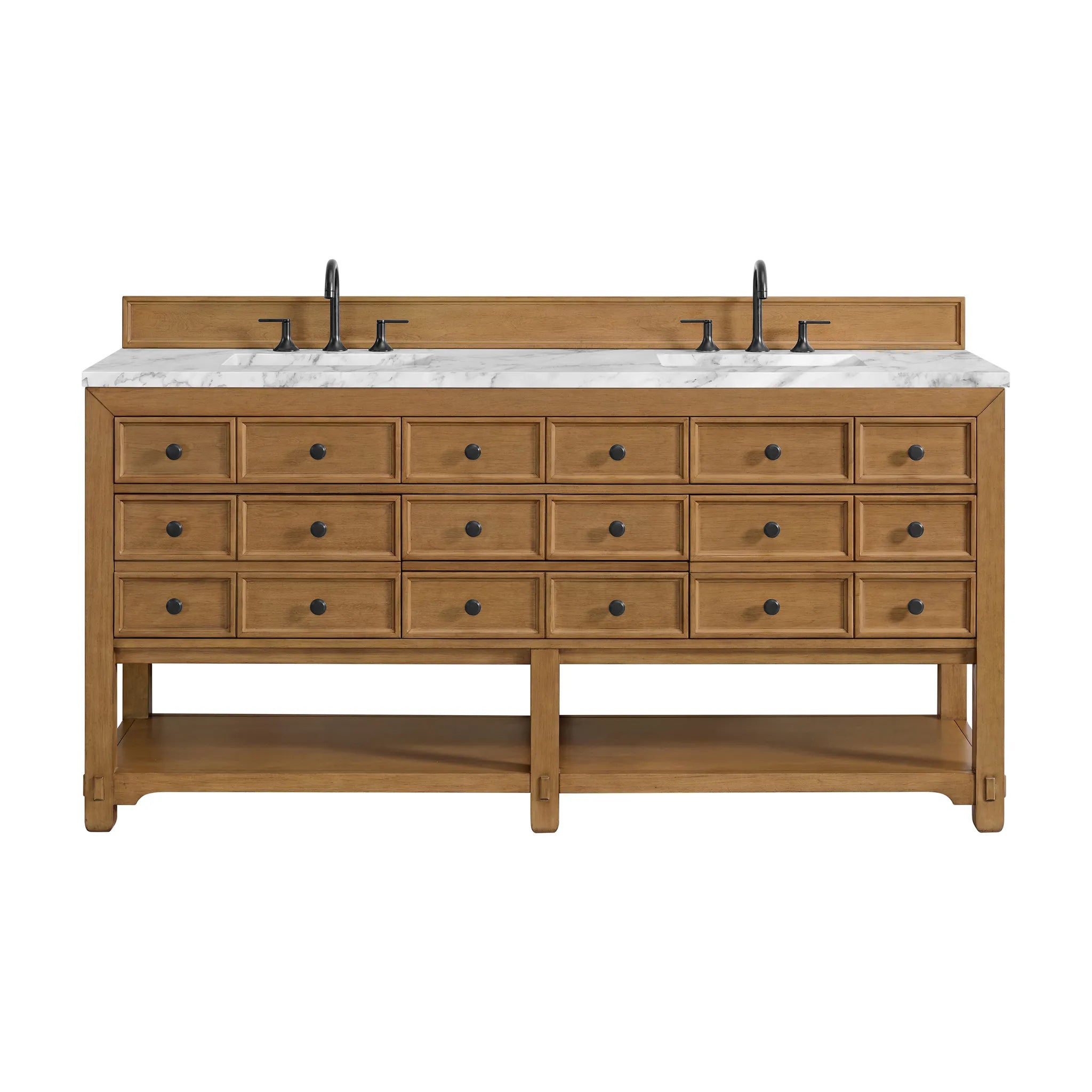 72" Malibu Double Vanity in Amber Birch-Carrara White Marble-8" Widespread image