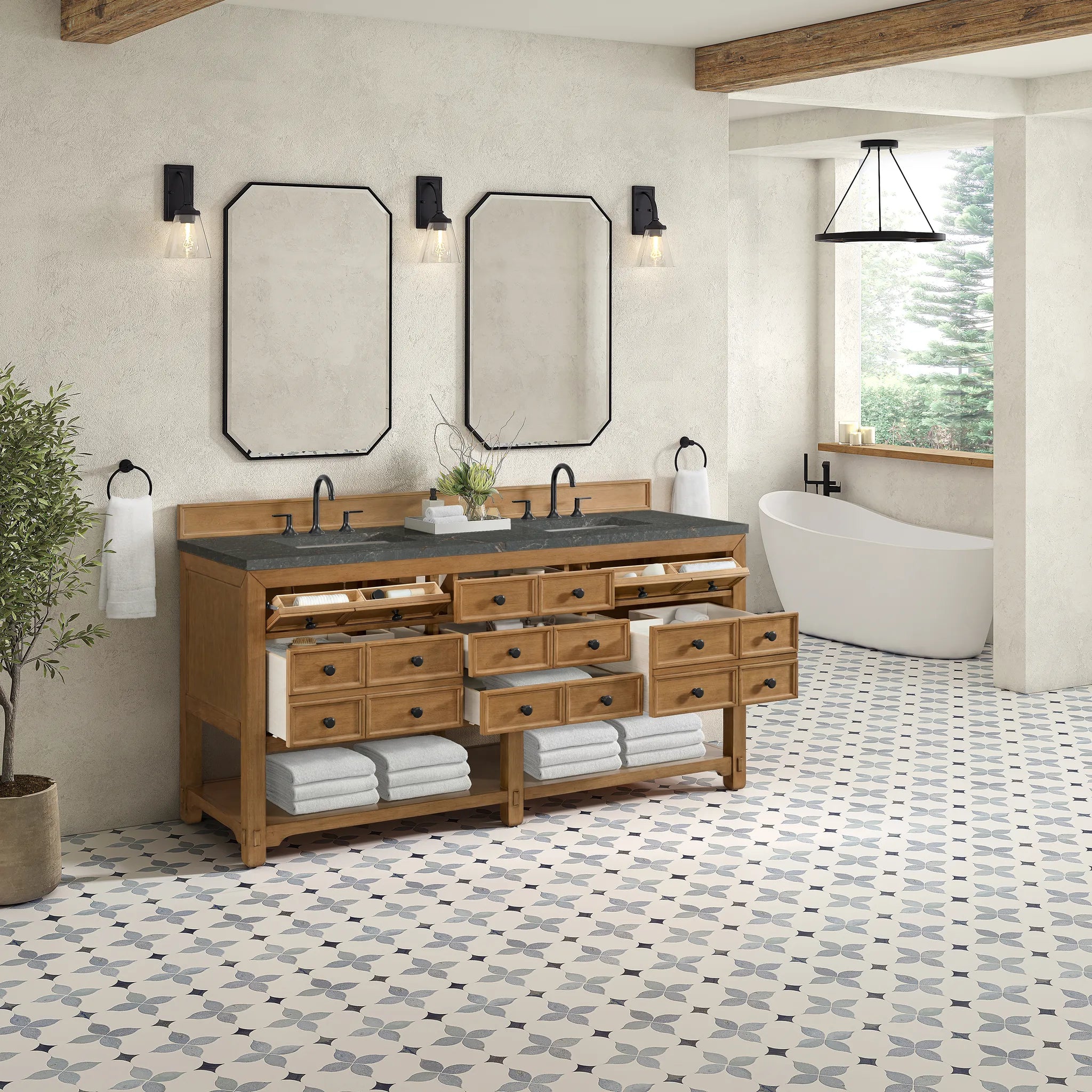 72" Malibu Double Vanity in Amber Birch-Parisien Bleu Silestone-8" Widespread image 4