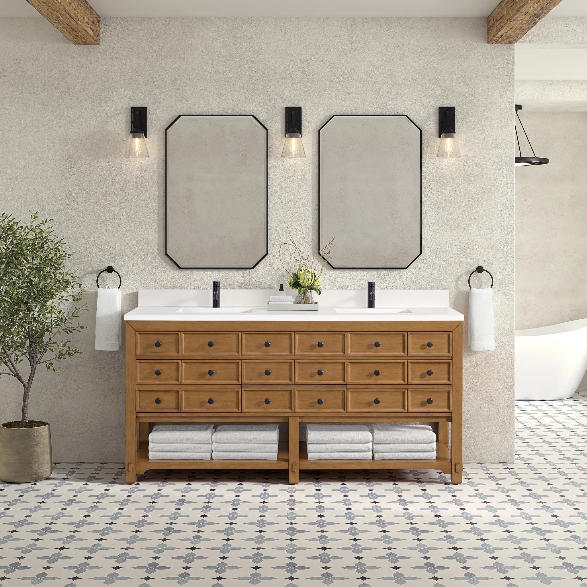 72" Malibu Double Vanity in Amber Birch-White Zeus Silestone & Backsplash-Single Hole image 2