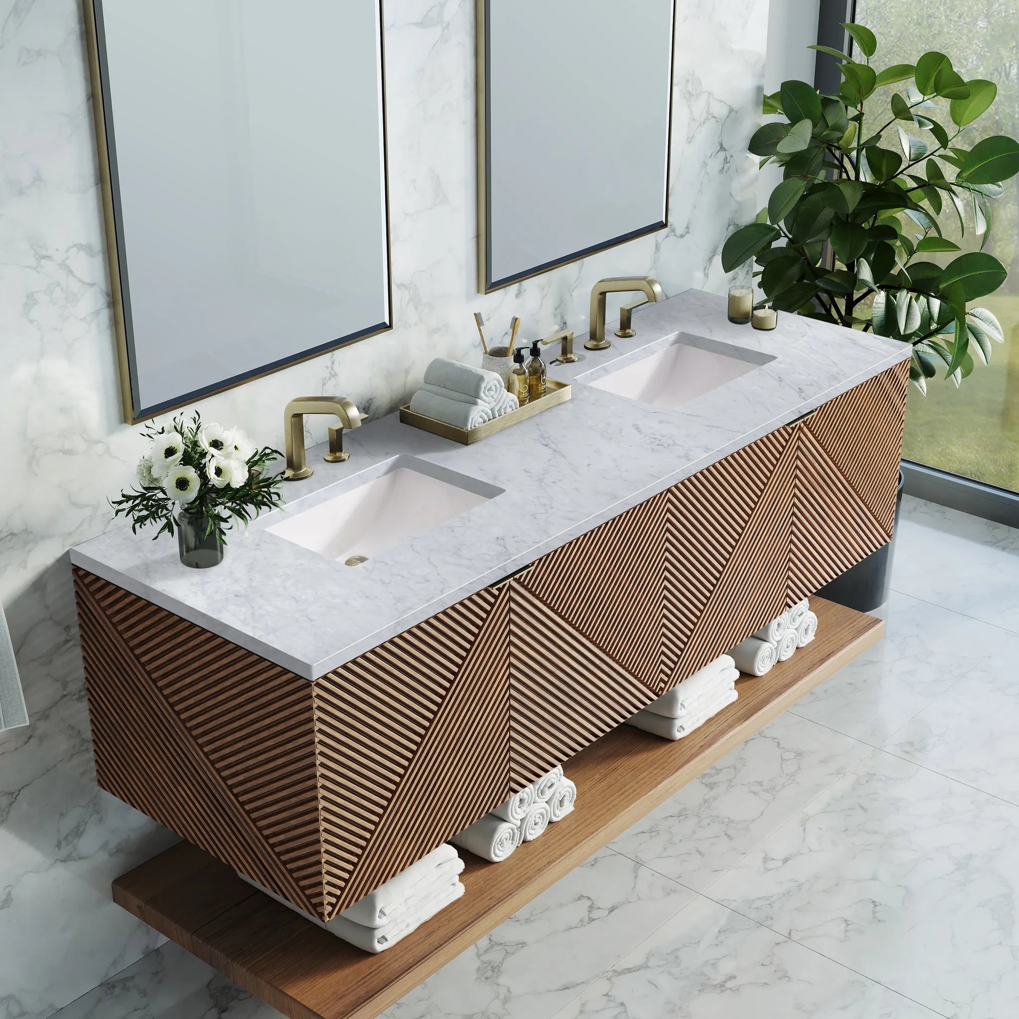 72" Marcello Double Vanity in Chestnut-Carrara White Marble-8" Widespread image 5