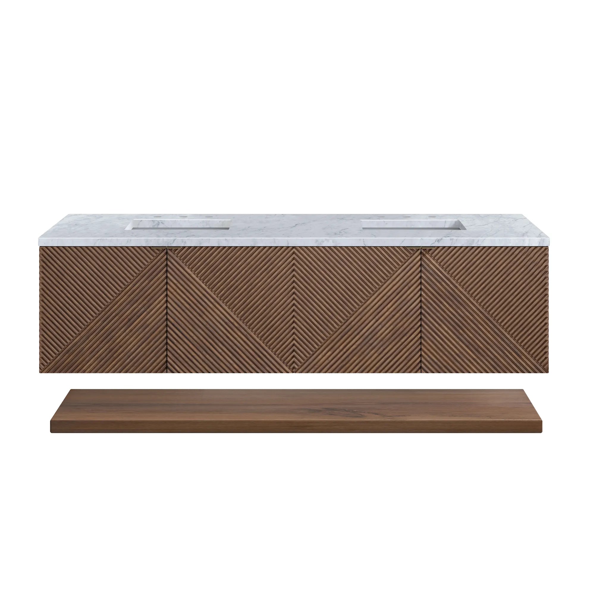 72" Marcello Double Vanity in Chestnut-Carrara White Marble-8" Widespread image