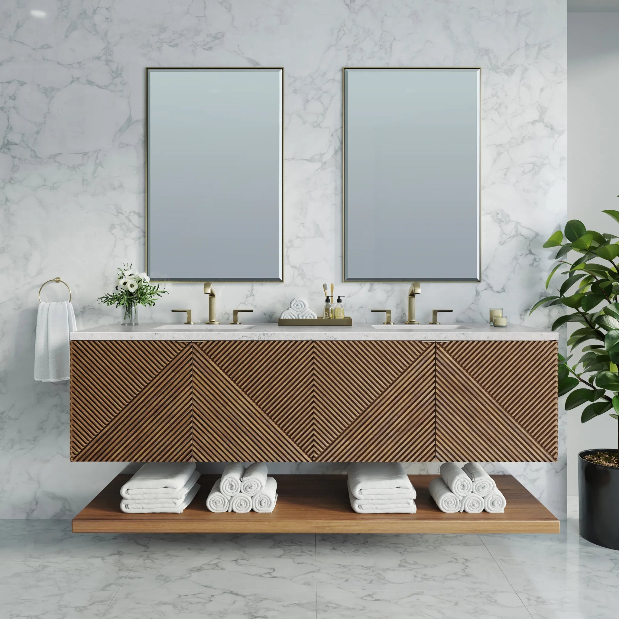 72" Marcello Double Vanity in Chestnut w/FreePower Wireless Charger-Eternal Jasmine Pearl Silestone-8" Widespread image 5