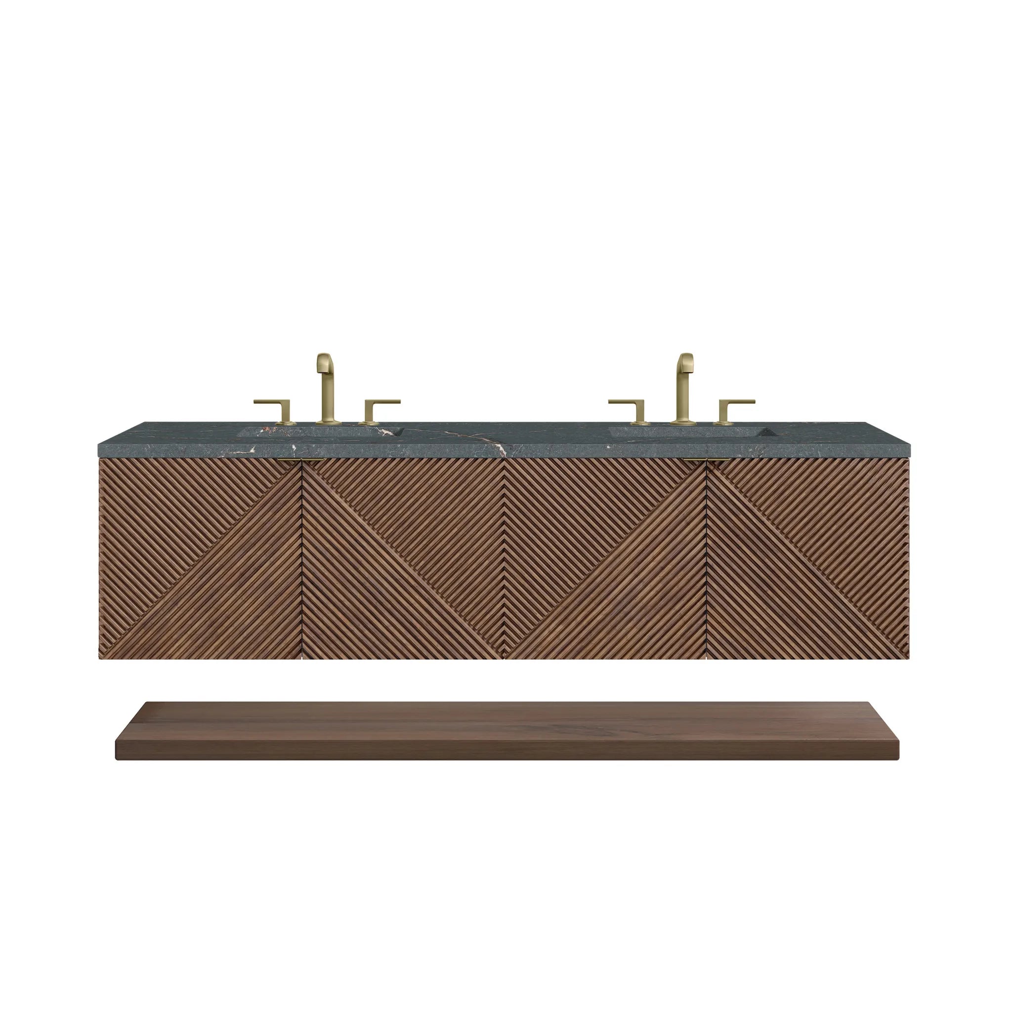 72" Marcello Double Vanity in Chestnut w/FreePower Wireless Charger-Parisien Bleu Silestone-8" Widespread image