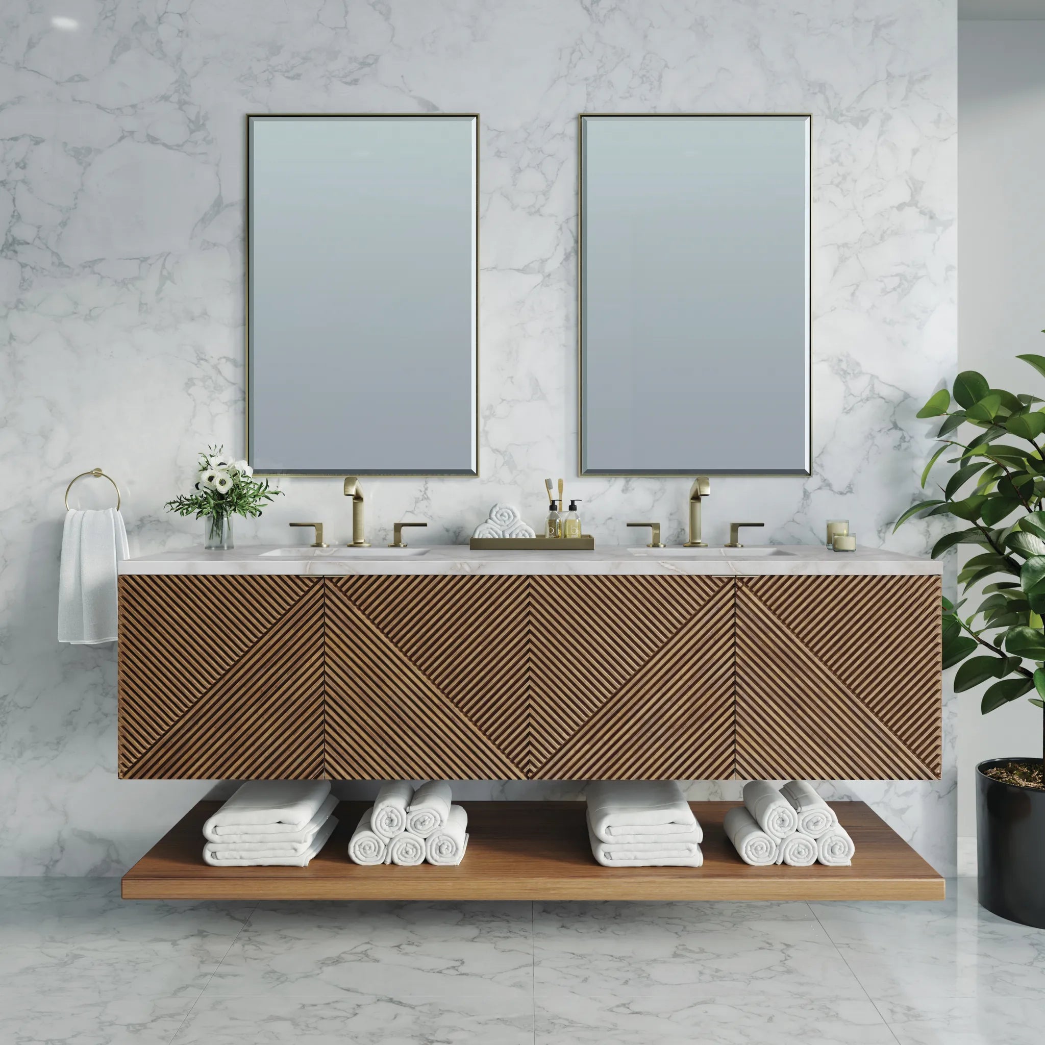 72" Marcello Double Vanity in Chestnut w/FreePower Wireless Charger-Victorian Silver Silestone-8" Widespread image 4