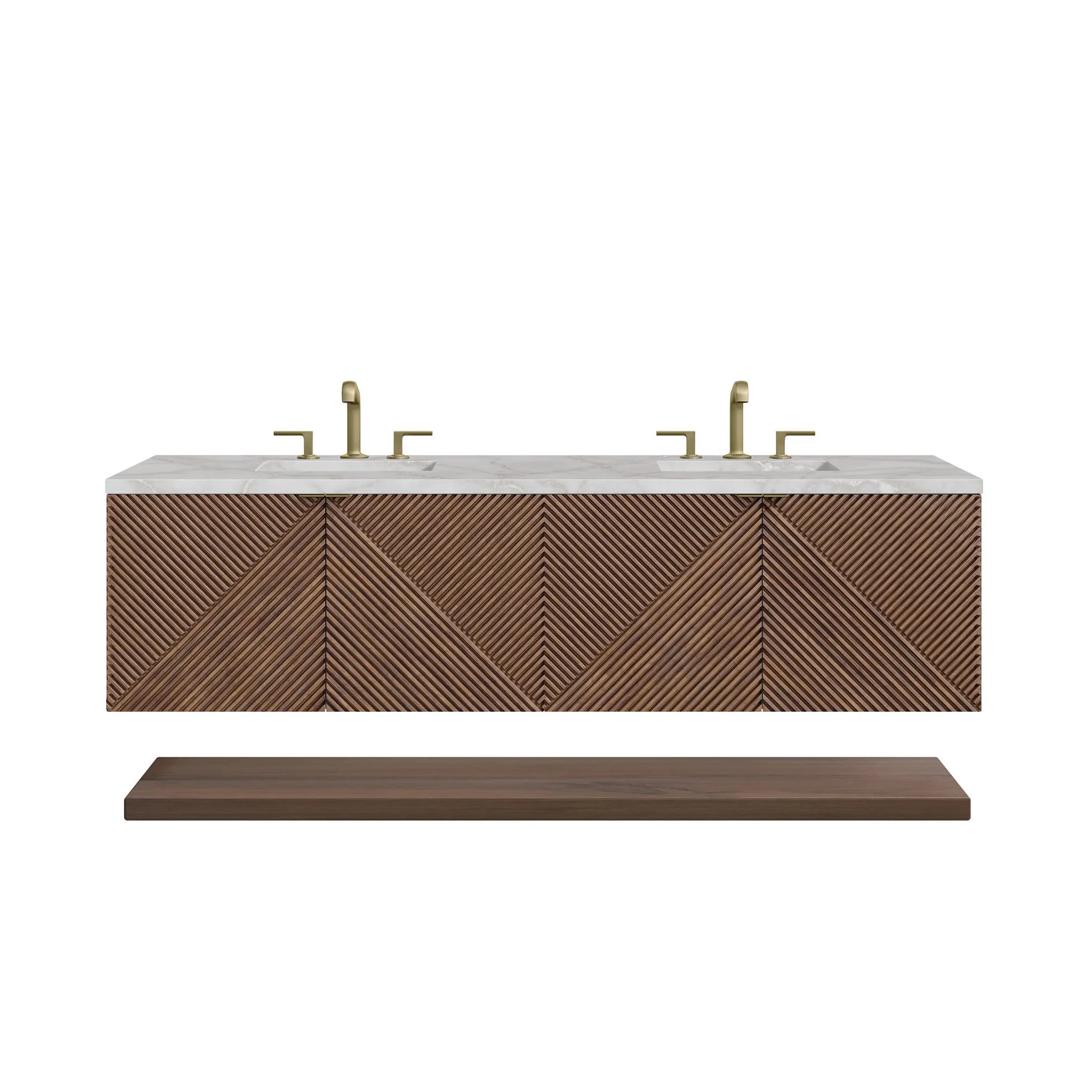 72" Marcello Double Vanity in Chestnut w/FreePower Wireless Charger-Victorian Silver Silestone-8" Widespread image