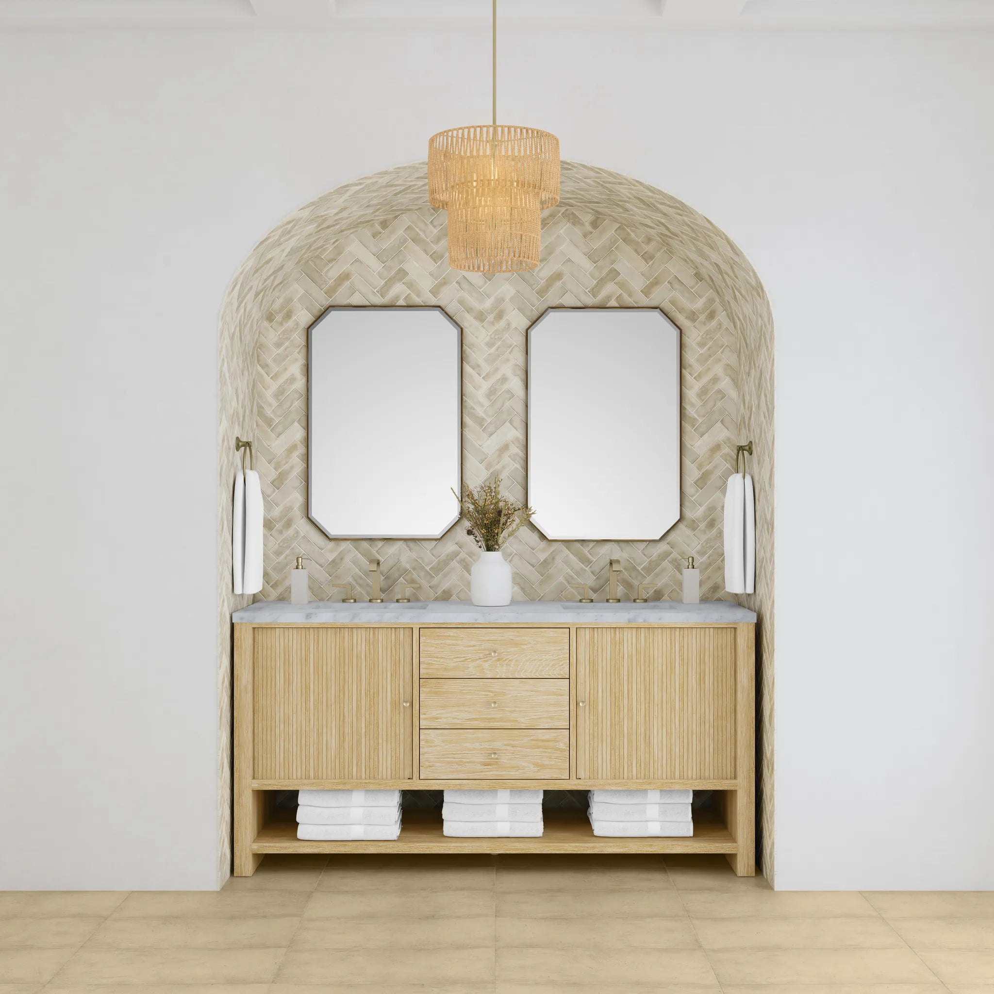72" Marigot Double Vanity in Sunwashed Oak-Carrara White Marble-8" Widespread image 2