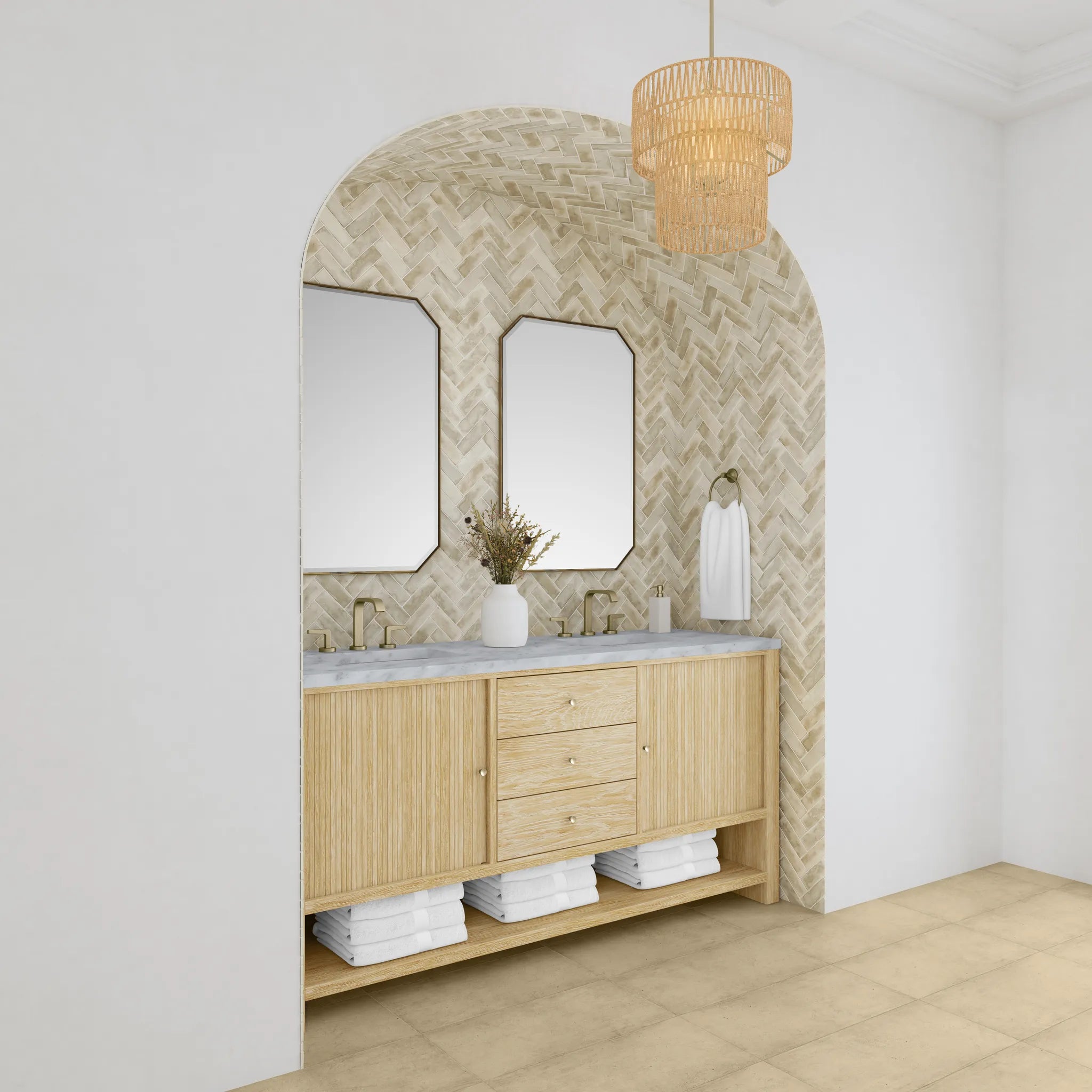 72" Marigot Double Vanity in Sunwashed Oak-Carrara White Marble-8" Widespread image 3
