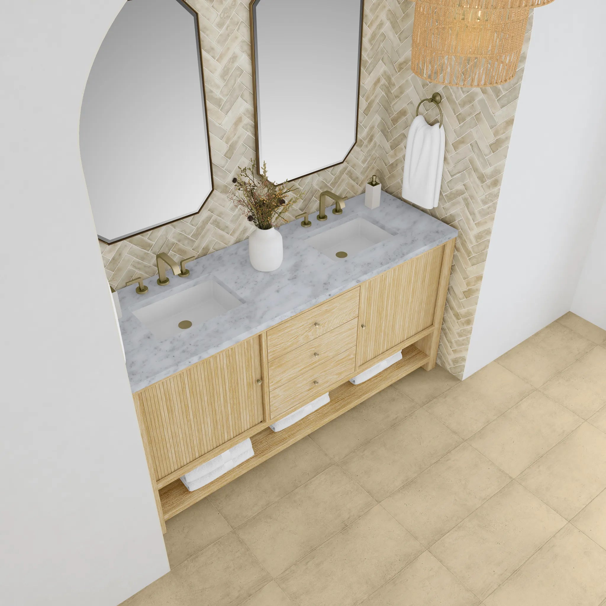 72" Marigot Double Vanity in Sunwashed Oak-Carrara White Marble-8" Widespread image 6