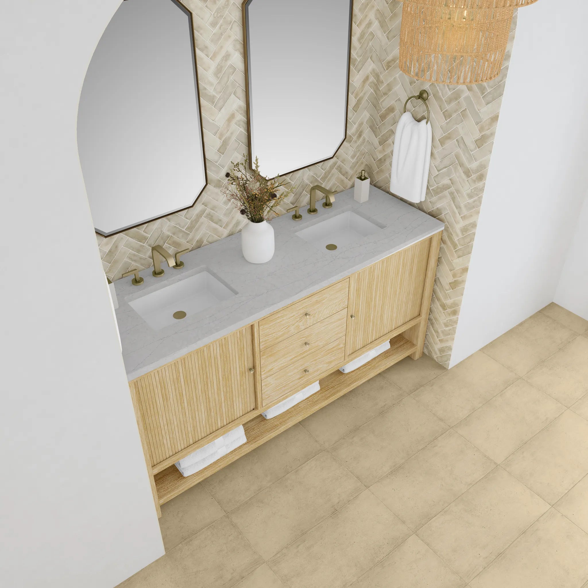 72" Marigot Double Vanity in Sunwashed Oak-Eternal Jasmine Pearl Silestone-8" Widespread image 6