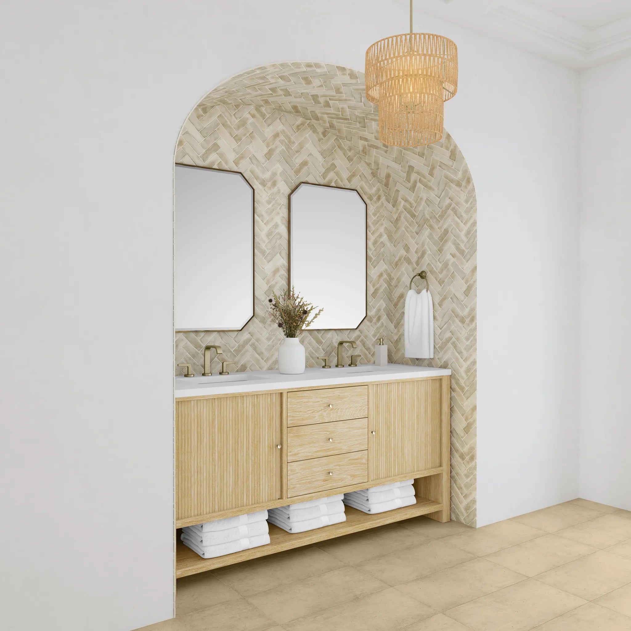 72" Marigot Double Vanity in Sunwashed Oak-White Zeus Silestone-8" Widespread image 3