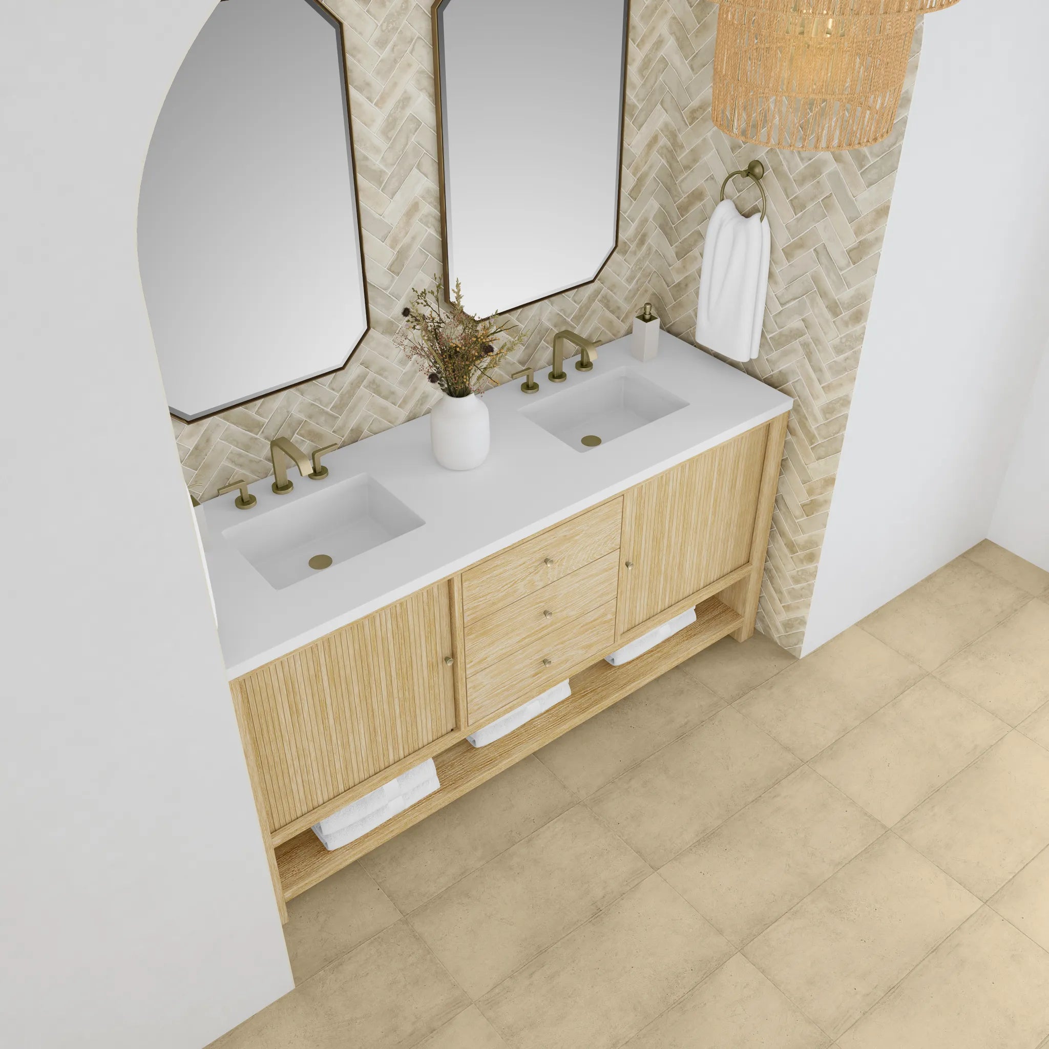 72" Marigot Double Vanity in Sunwashed Oak-White Zeus Silestone-8" Widespread image 6