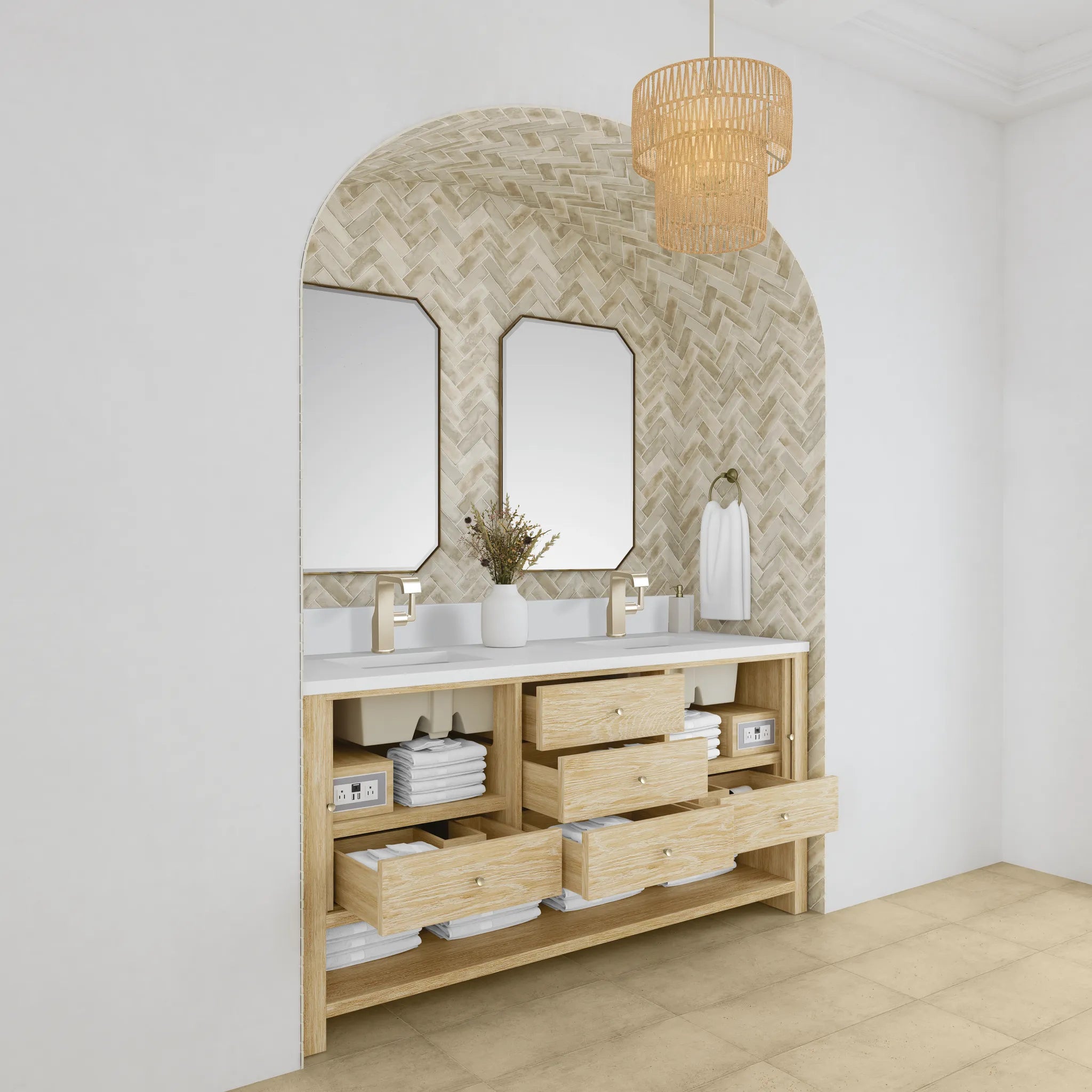 72" Marigot Double Vanity in Sunwashed Oak-White Zeus Silestone & Backsplash-Single Hole image 4