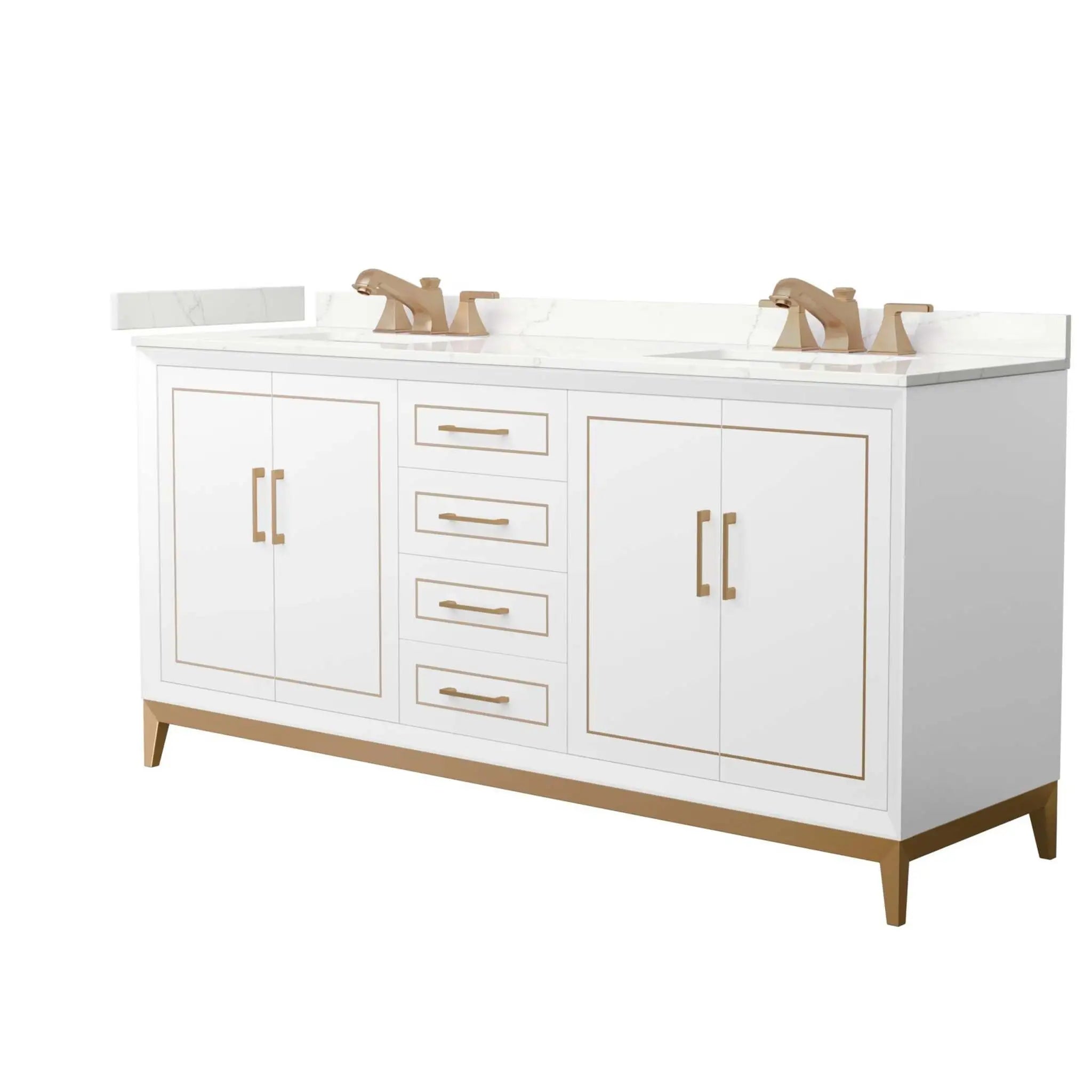 72" Marlena Double Bathroom Vanity in White with Satin Bronze Trim by Wyndham