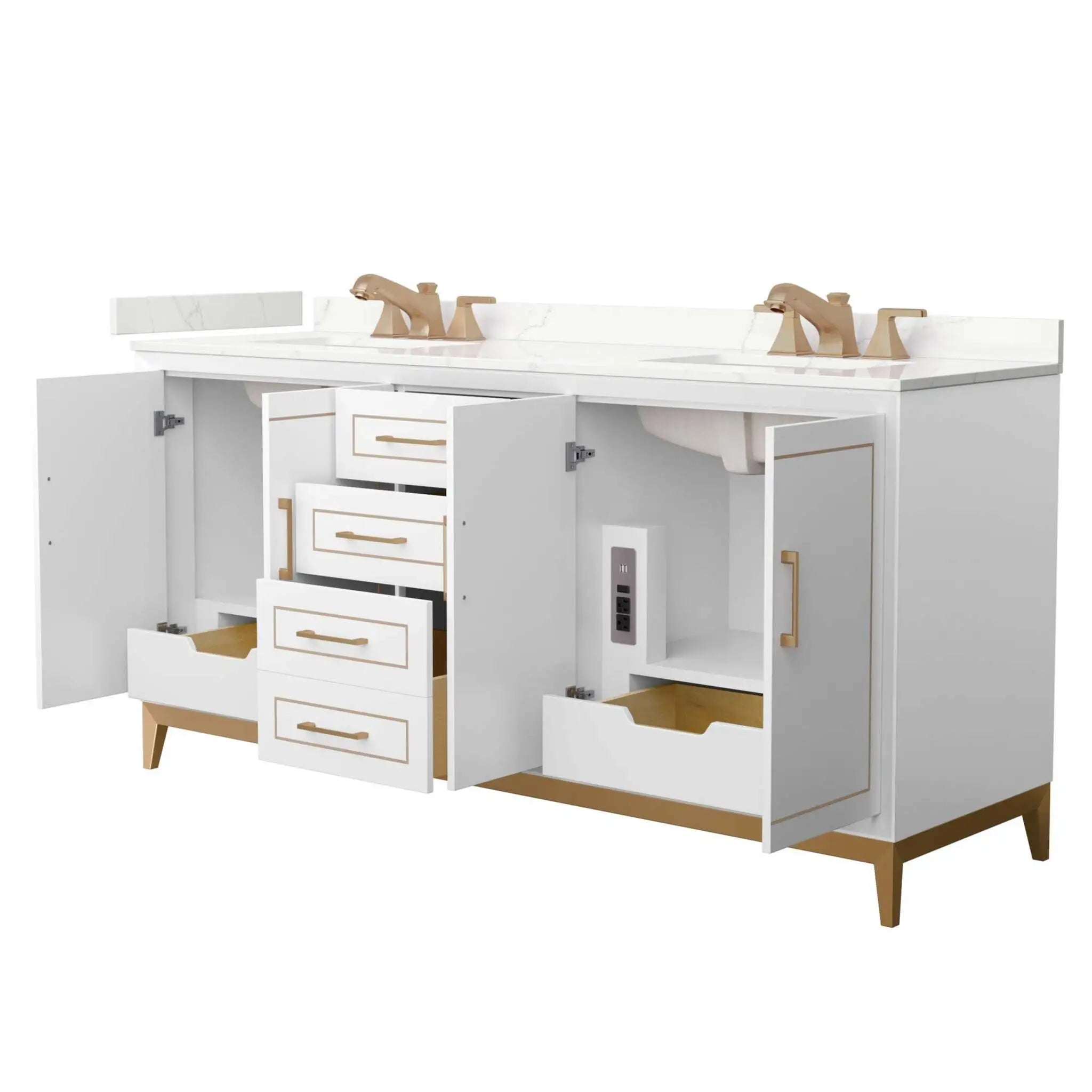 72" Marlena Double Bathroom Vanity in White with Satin Bronze Trim by Wyndham