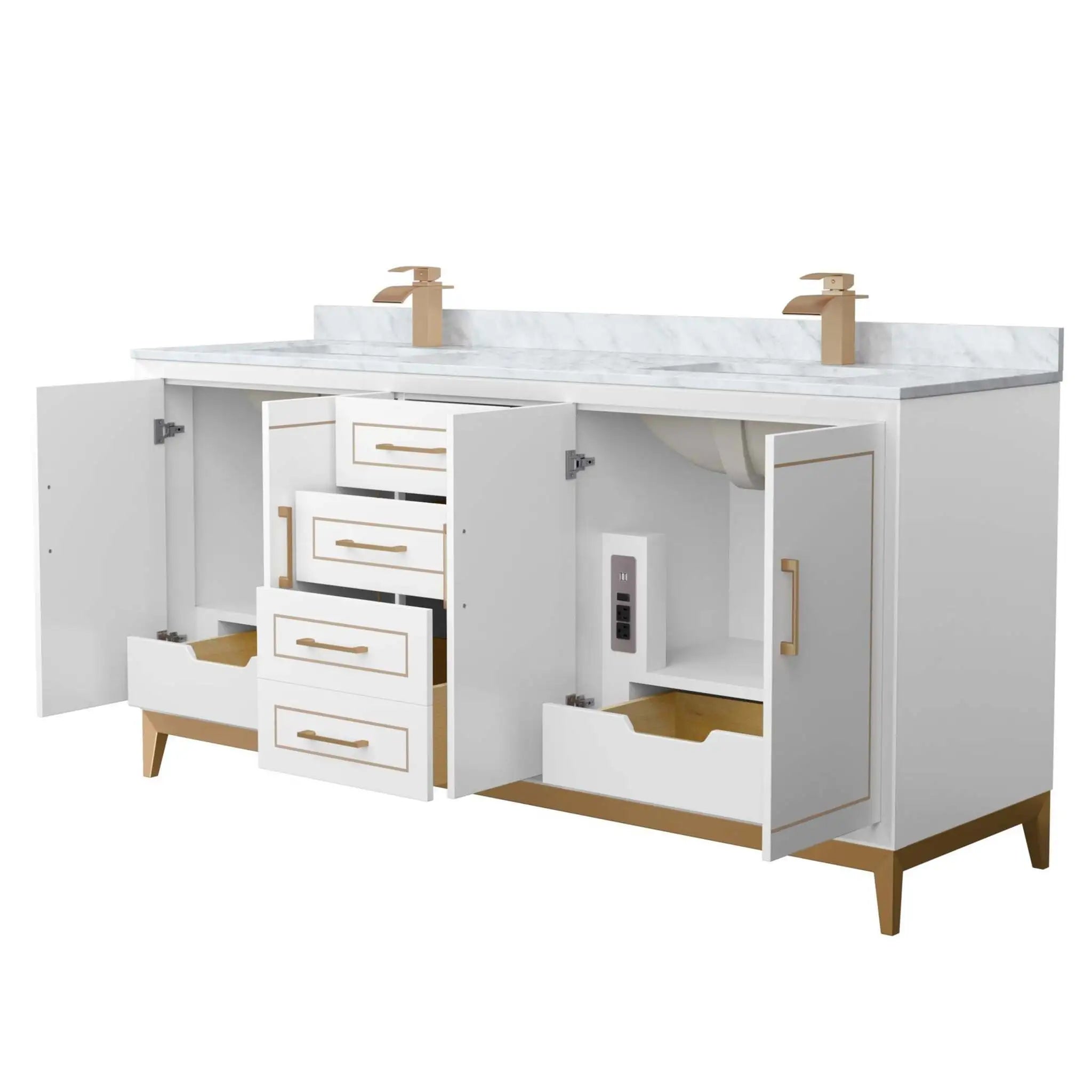 72" Marlena Double Bathroom Vanity in White with Satin Bronze Trim by Wyndham