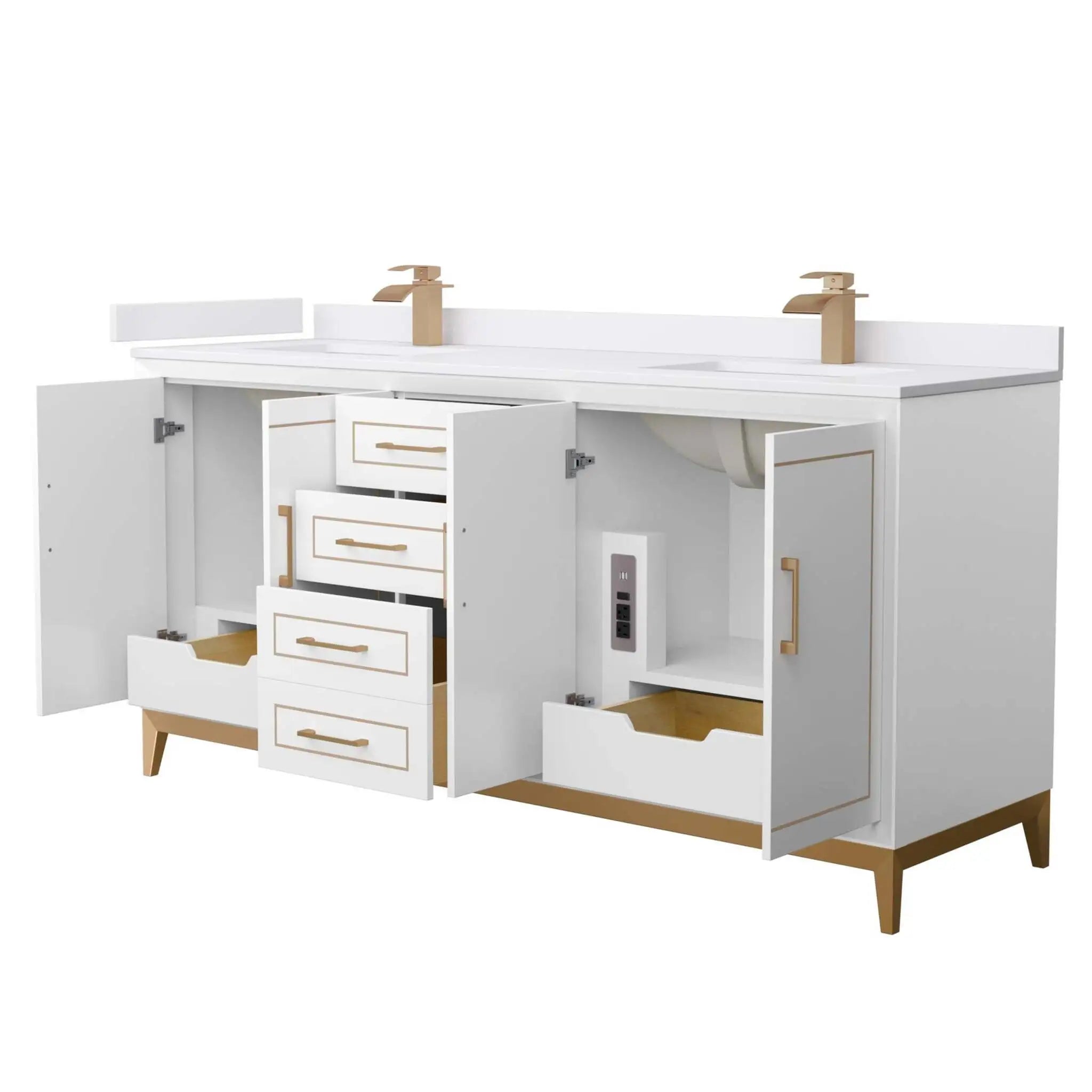 72" Marlena Double Bathroom Vanity in White with Satin Bronze Trim by Wyndham