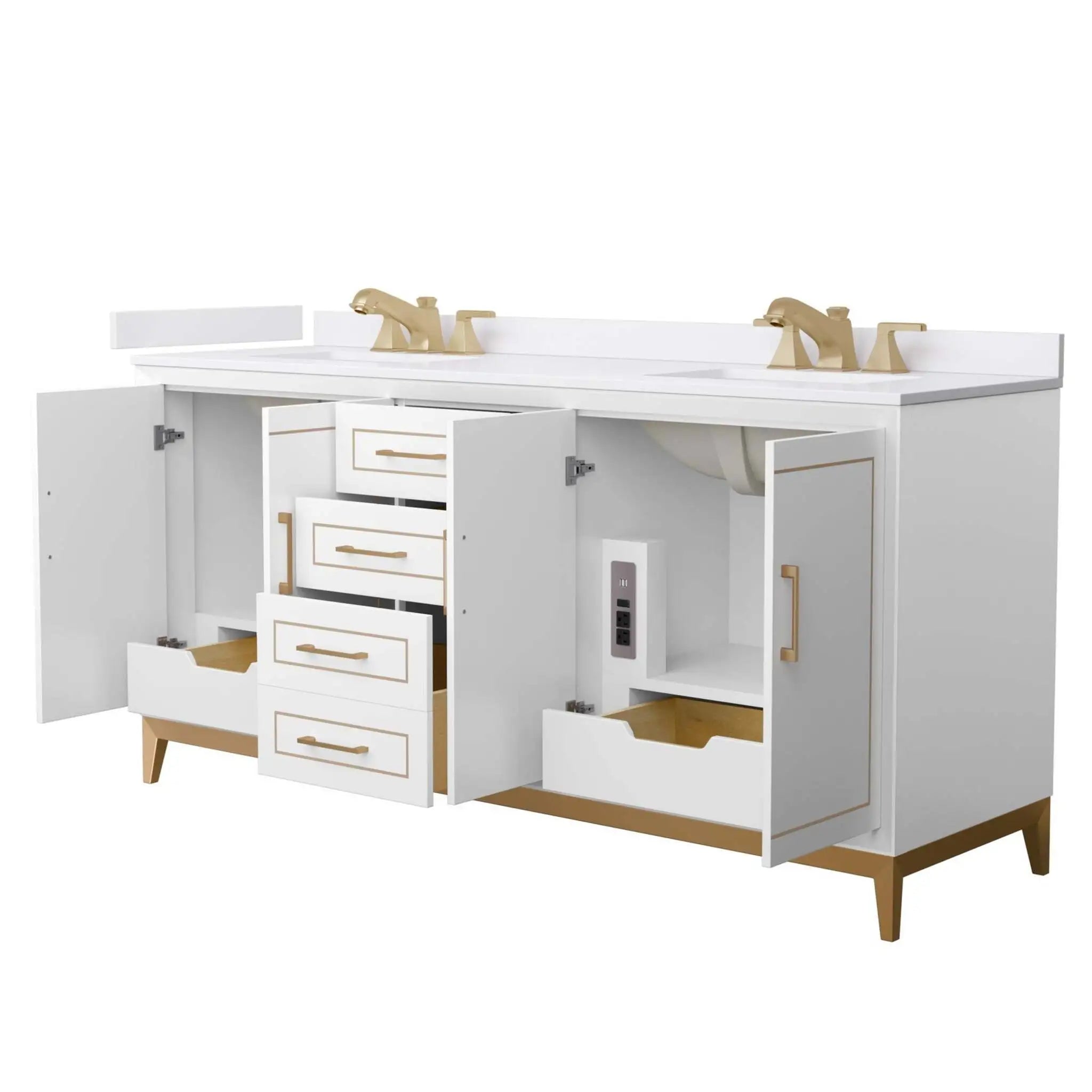 72" Marlena Double Bathroom Vanity in White with Satin Bronze Trim by Wyndham