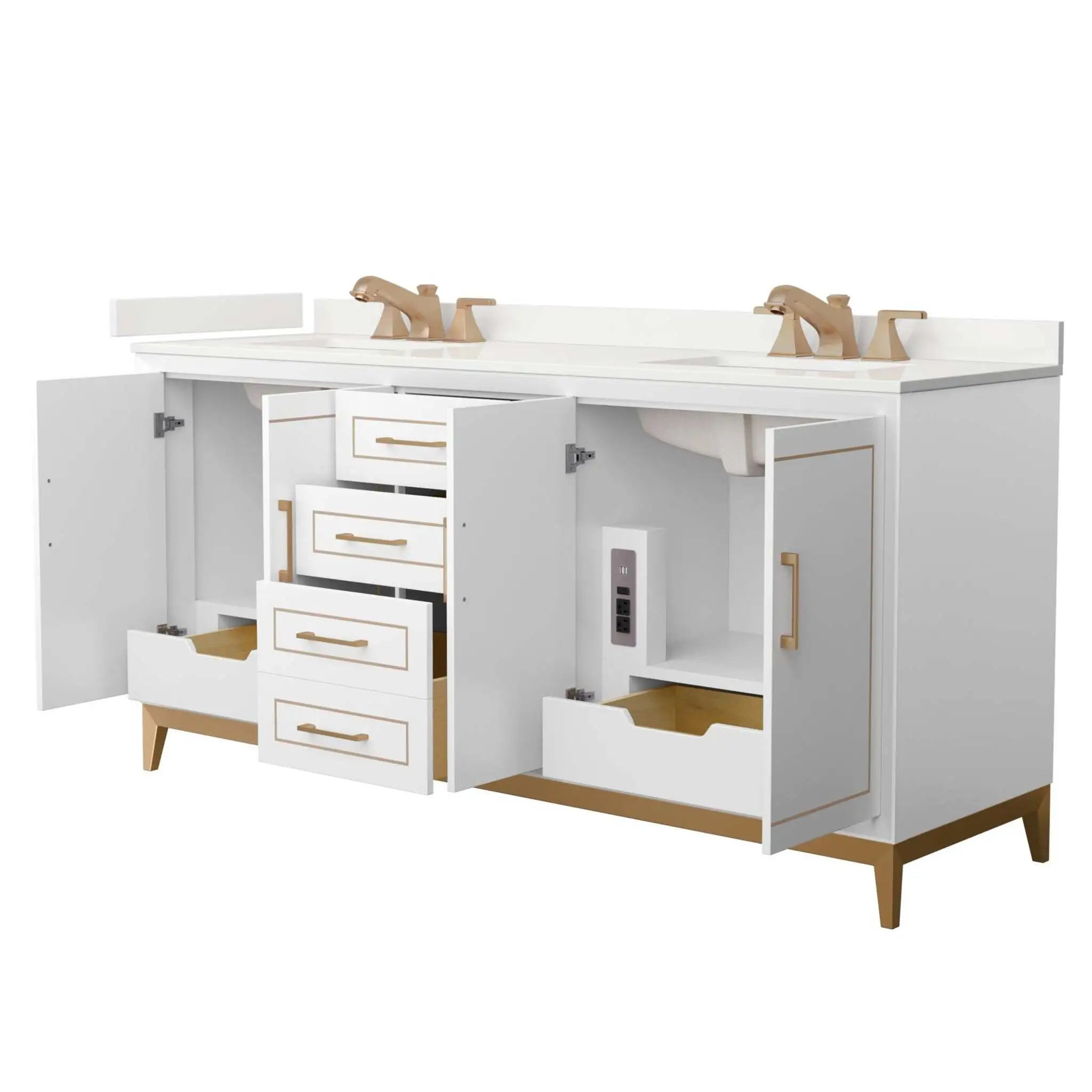 72" Marlena Double Bathroom Vanity in White with Satin Bronze Trim by Wyndham