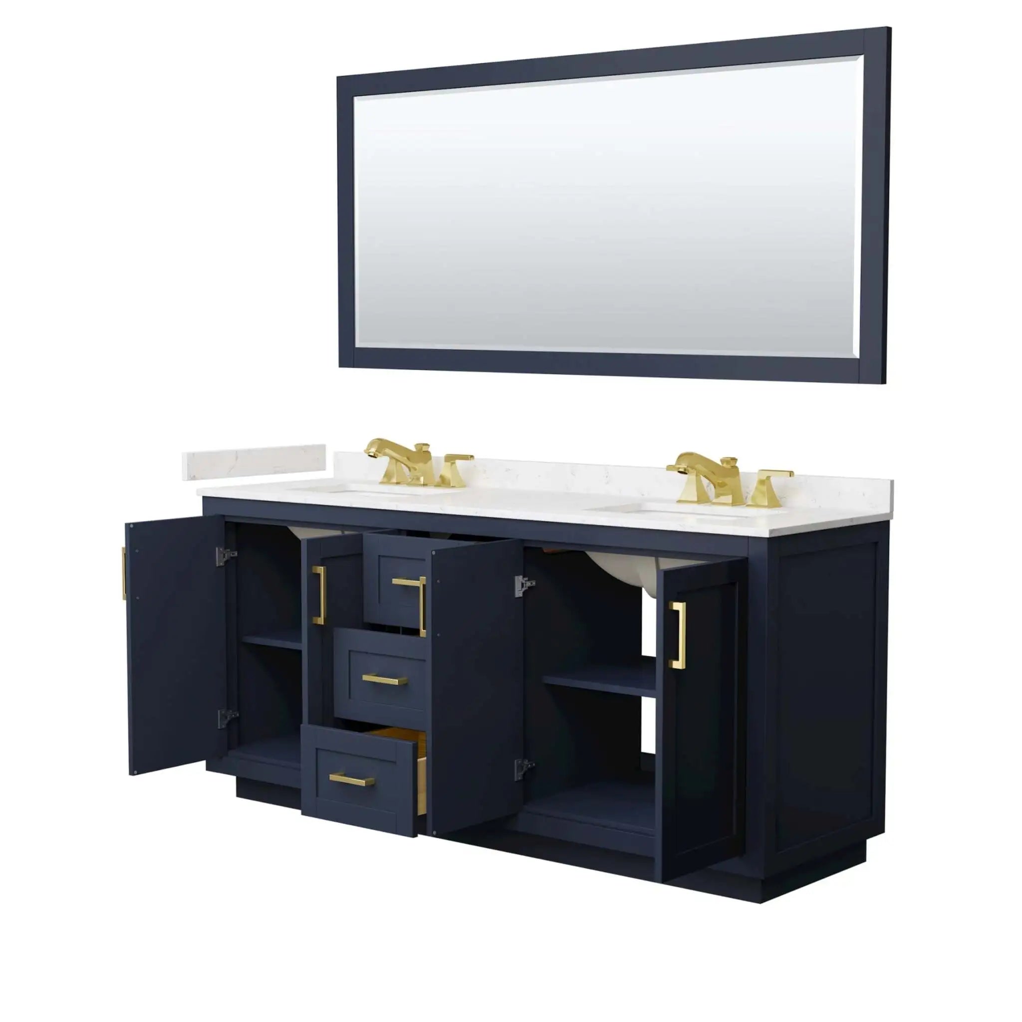 72" Miranda Double Bathroom Vanity in Dark Blue with Brushed Gold Trim & 70" Mirror by Wyndham