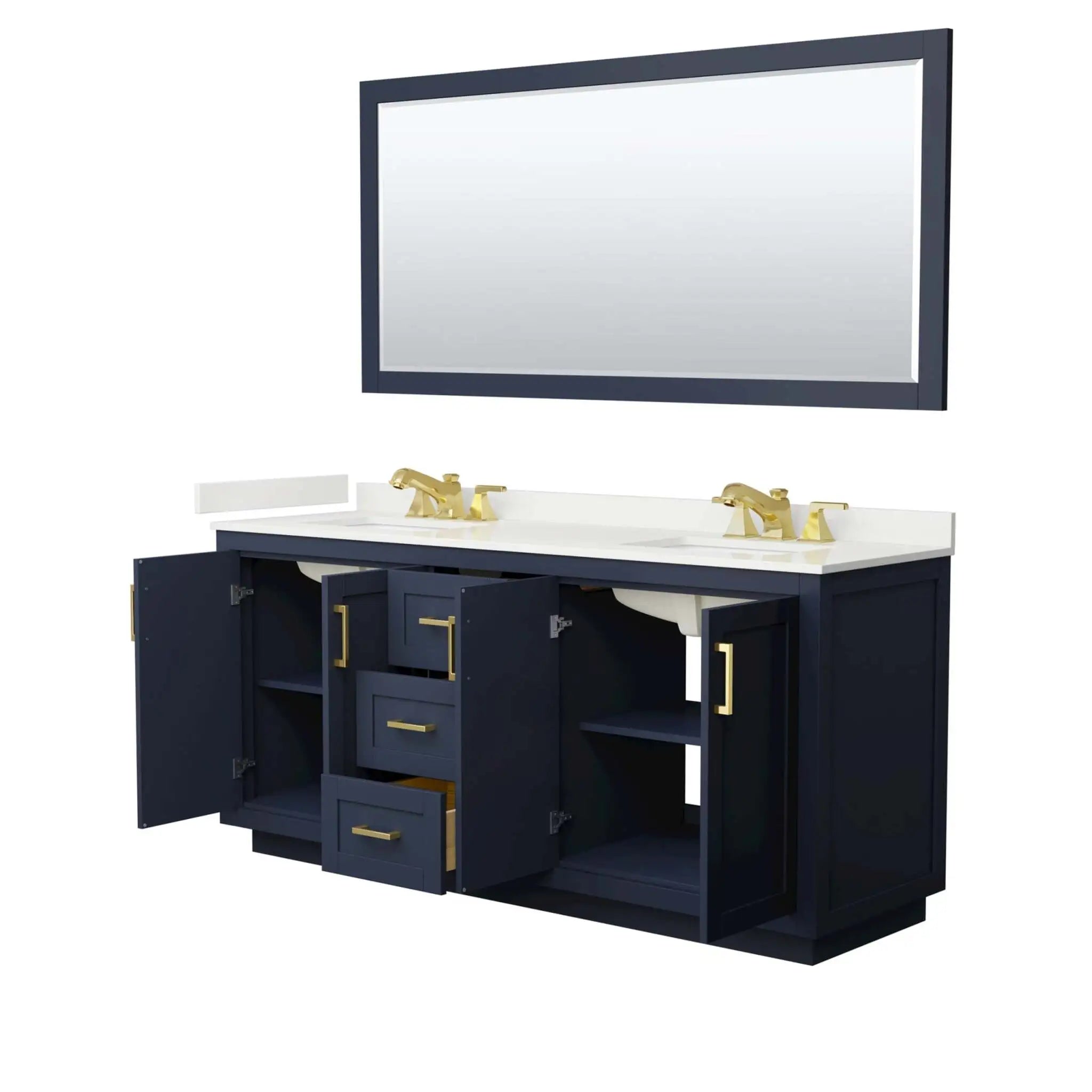 72" Miranda Double Bathroom Vanity in Dark Blue with Brushed Gold Trim & 70" Mirror by Wyndham