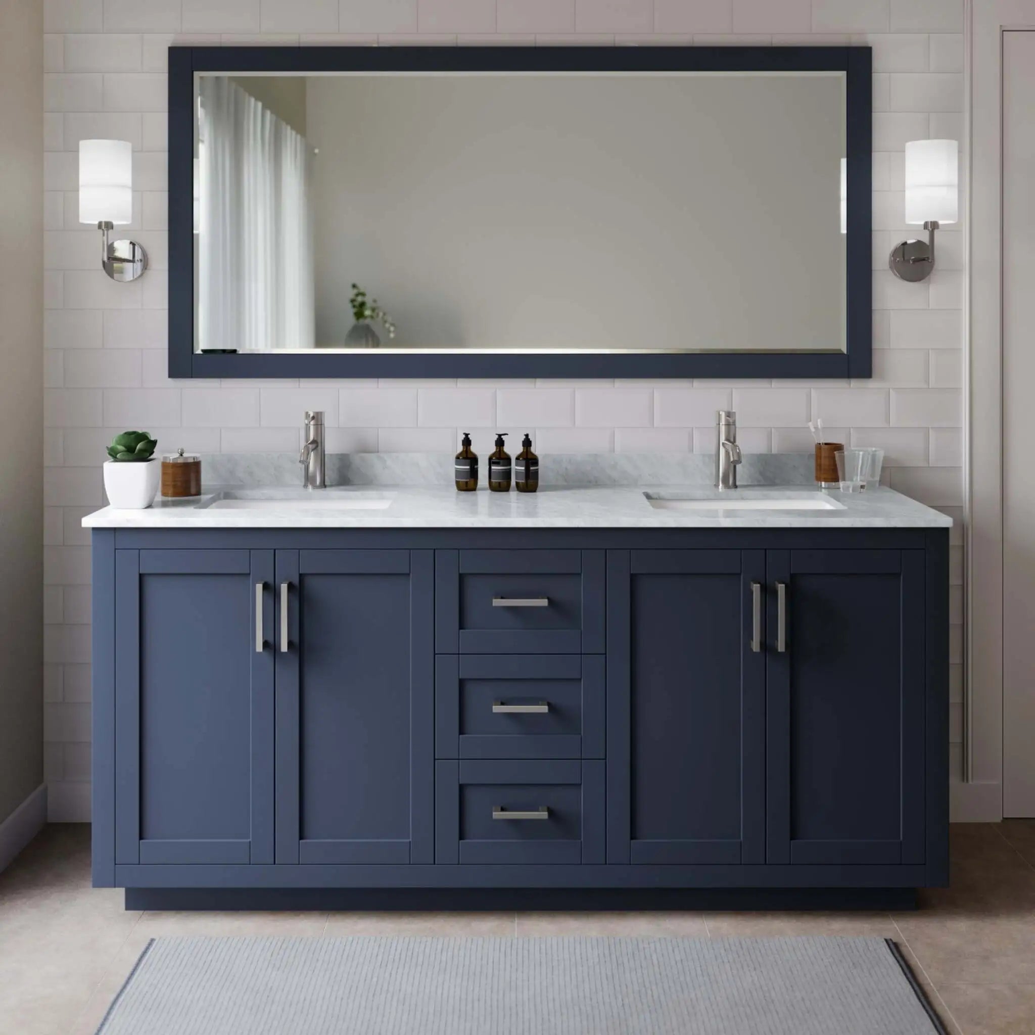 72" Miranda Double Bathroom Vanity in Dark Blue with Brushed Nickel Trim & 70" Mirror by Wyndham