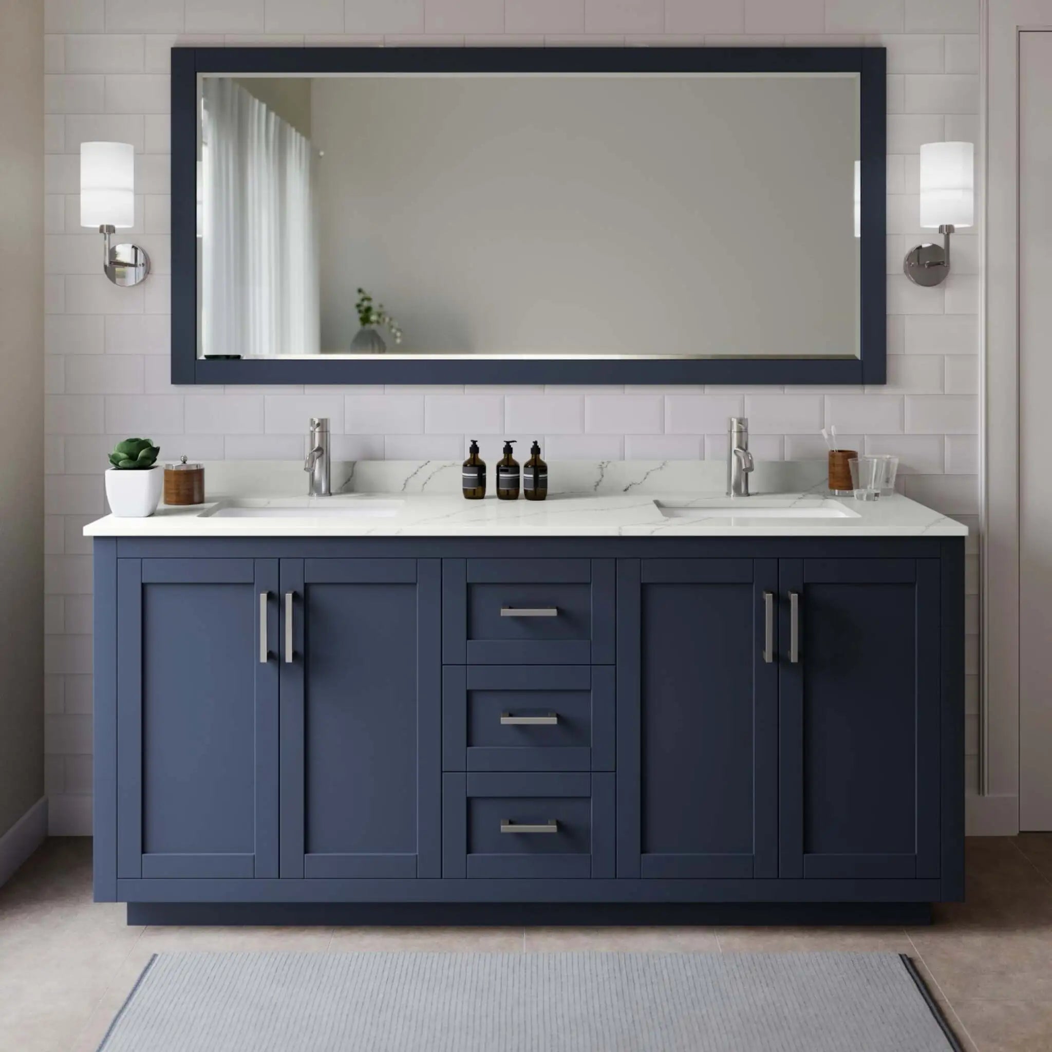 72" Miranda Double Bathroom Vanity in Dark Blue with Brushed Nickel Trim by Wyndham