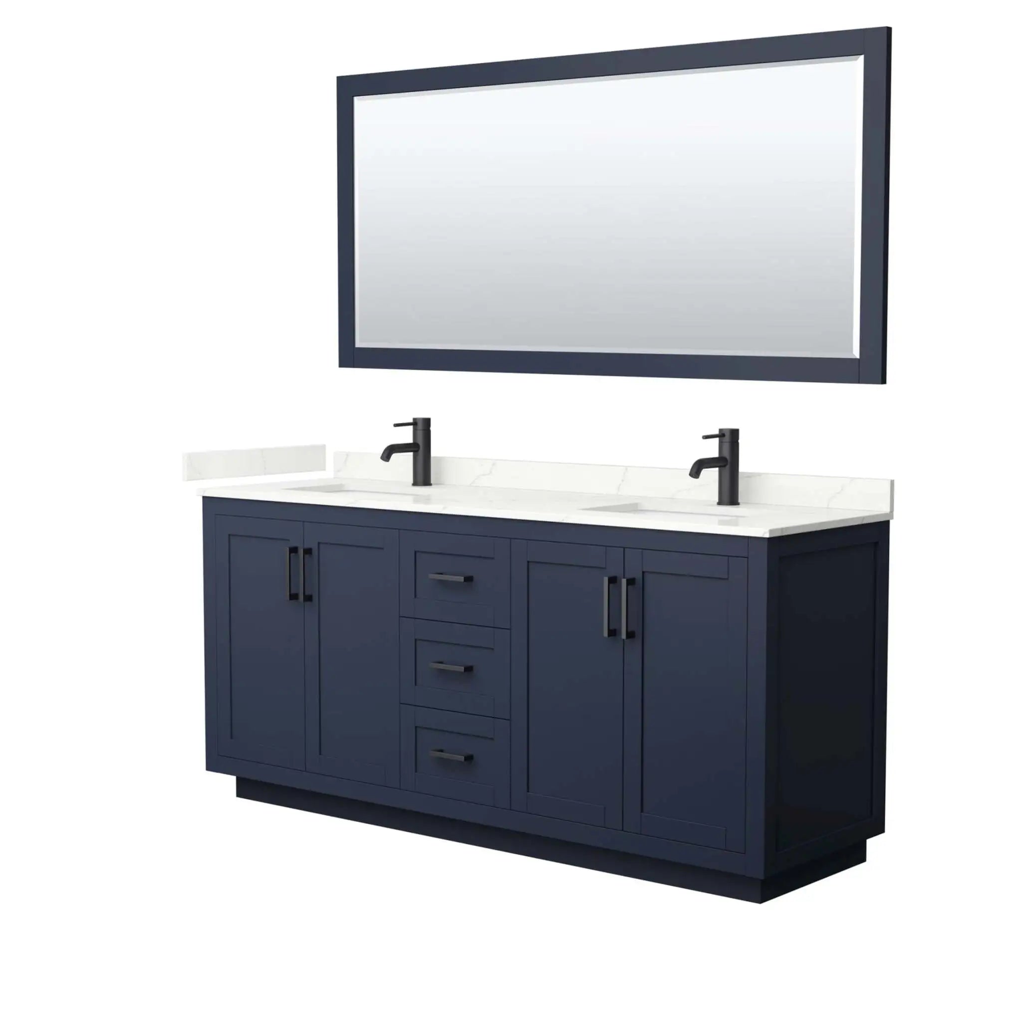 72" Miranda Double Bathroom Vanity in Dark Blue with Matte Black Trim & 70" Mirror by Wyndham