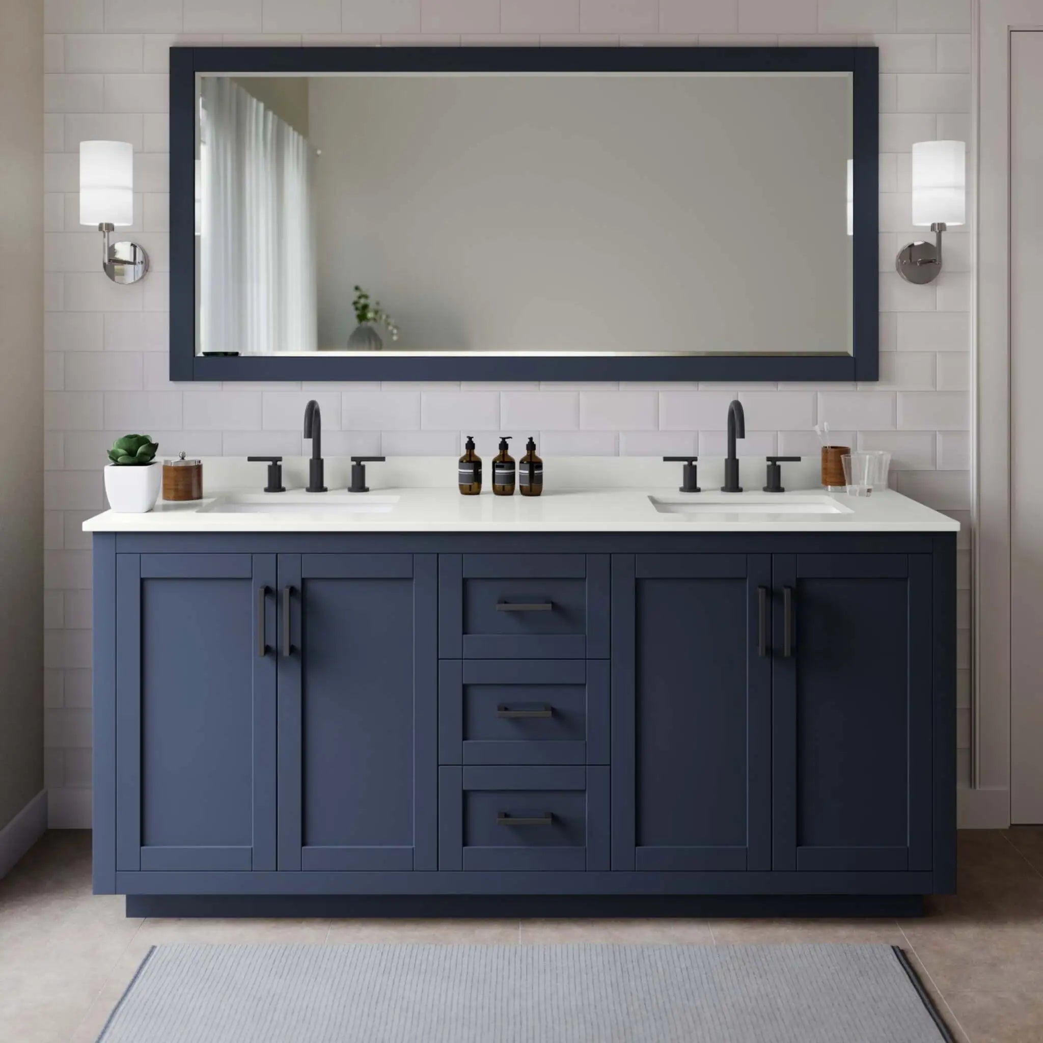 72" Miranda Double Bathroom Vanity in Dark Blue with Matte Black Trim by Wyndham