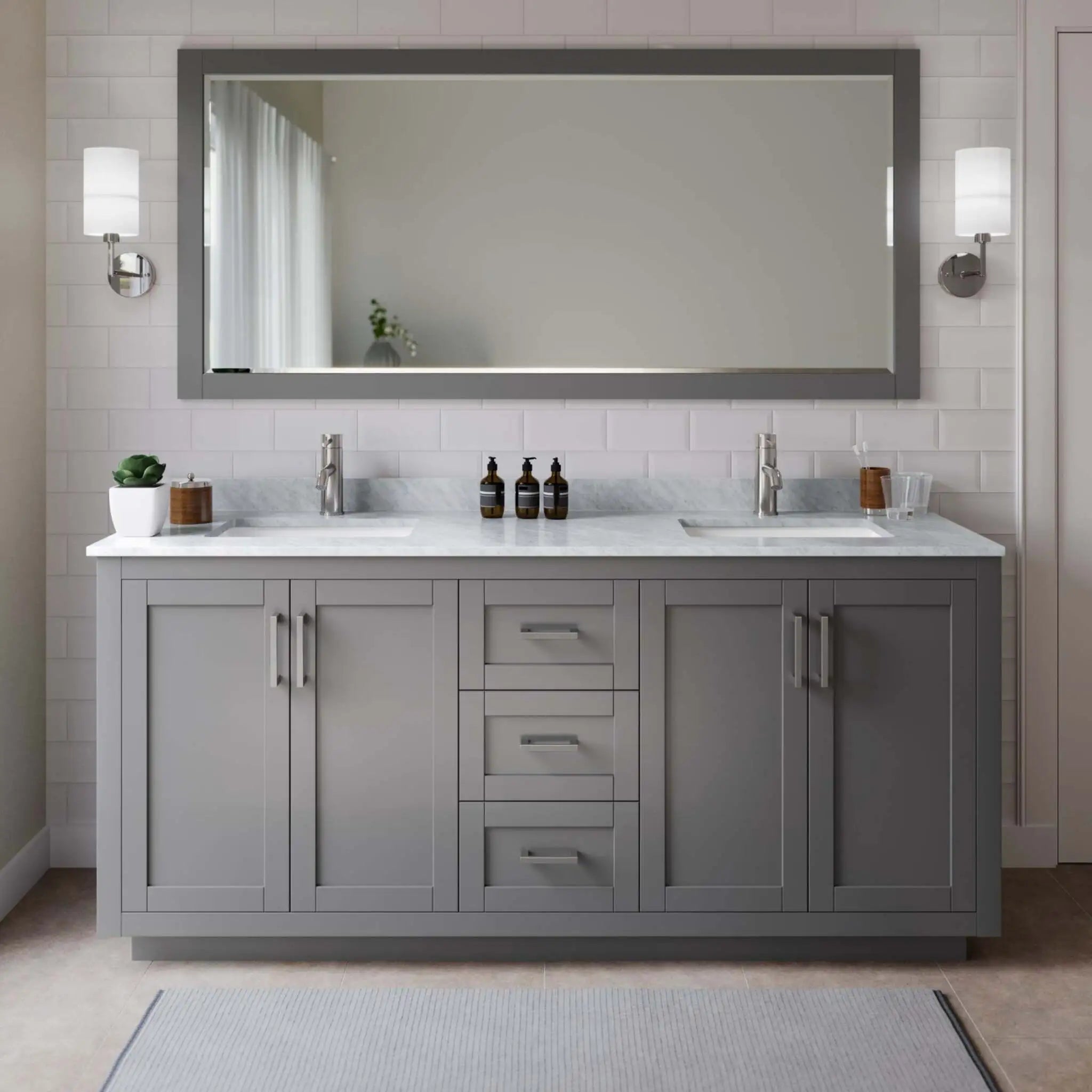 72" Miranda Double Bathroom Vanity in Dark Gray with Brushed Nickel Trim & 70" Mirror by Wyndham