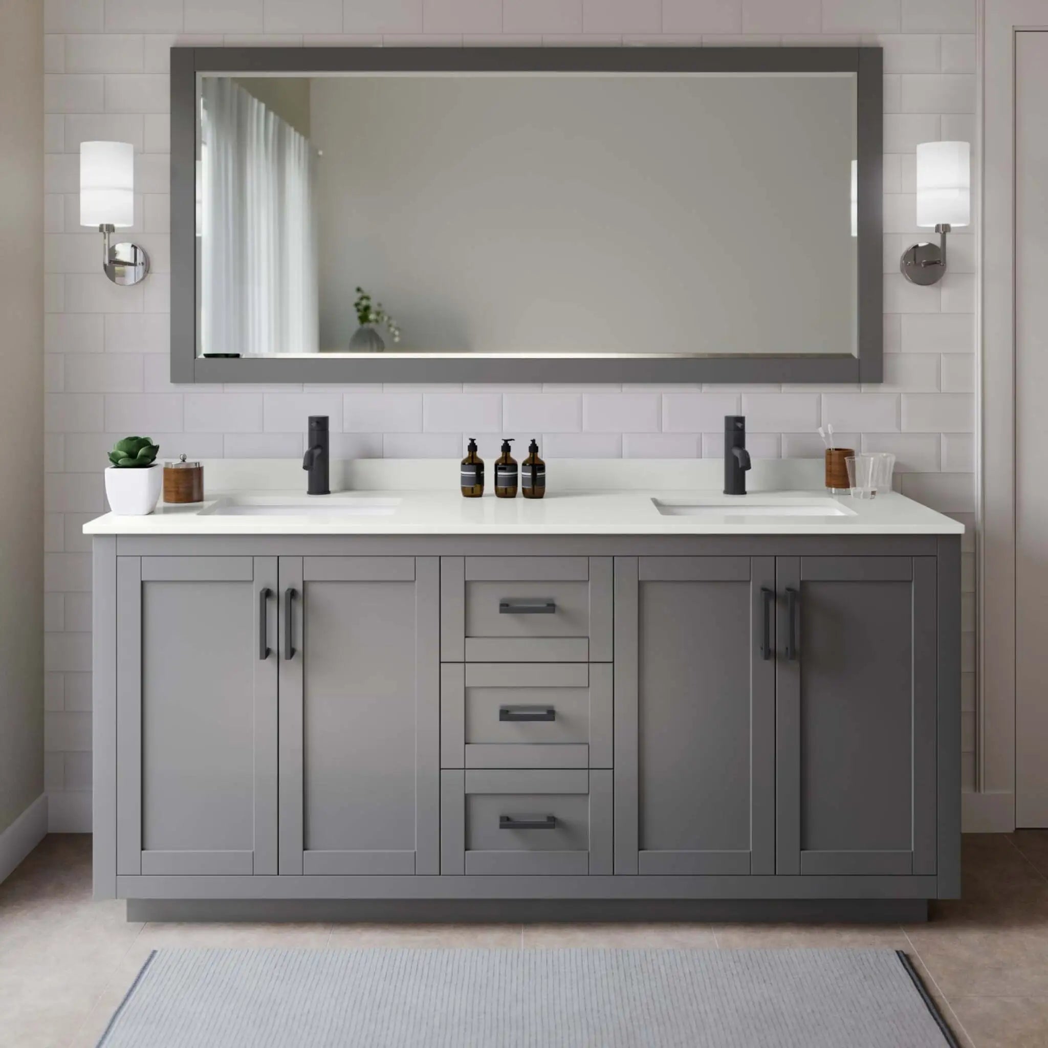 72" Miranda Double Bathroom Vanity in Dark Gray with Matte Black Trim & 70" Mirror by Wyndham