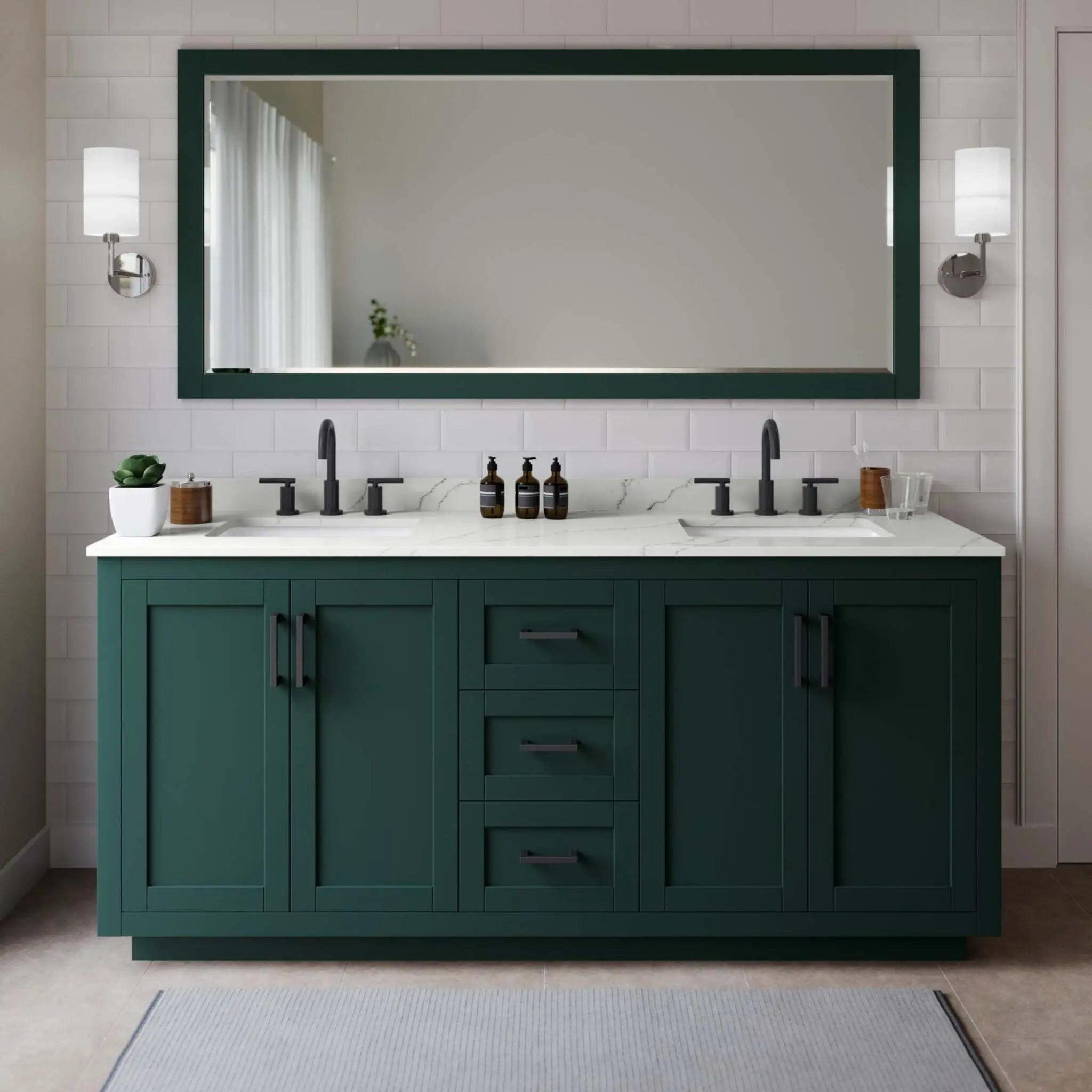 72" Miranda Double Bathroom Vanity in Green with Matte Black Trim & 70" Mirror by Wyndham