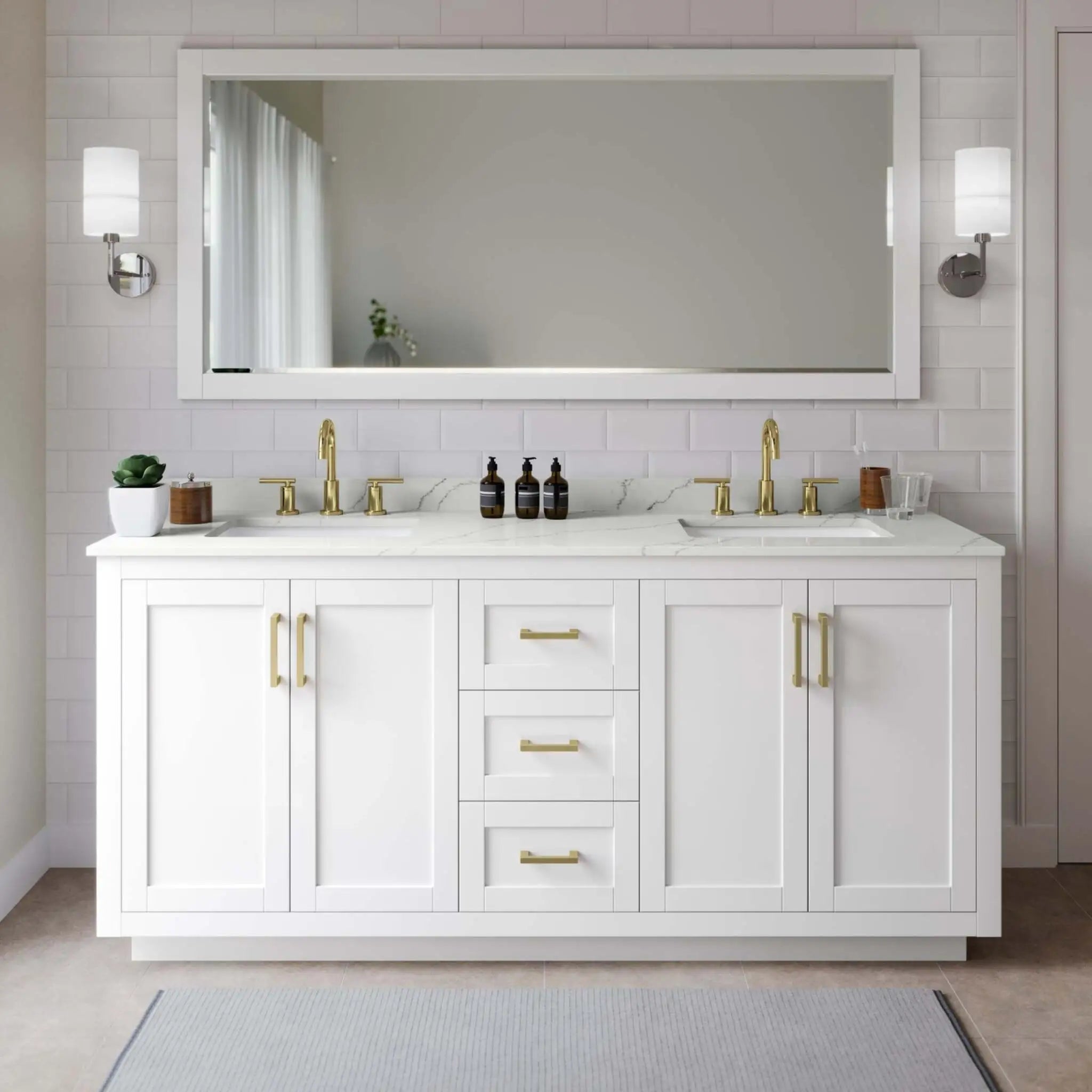 72" Miranda Double Bathroom Vanity in White with Brushed Gold Trim & 70" Mirror by Wyndham
