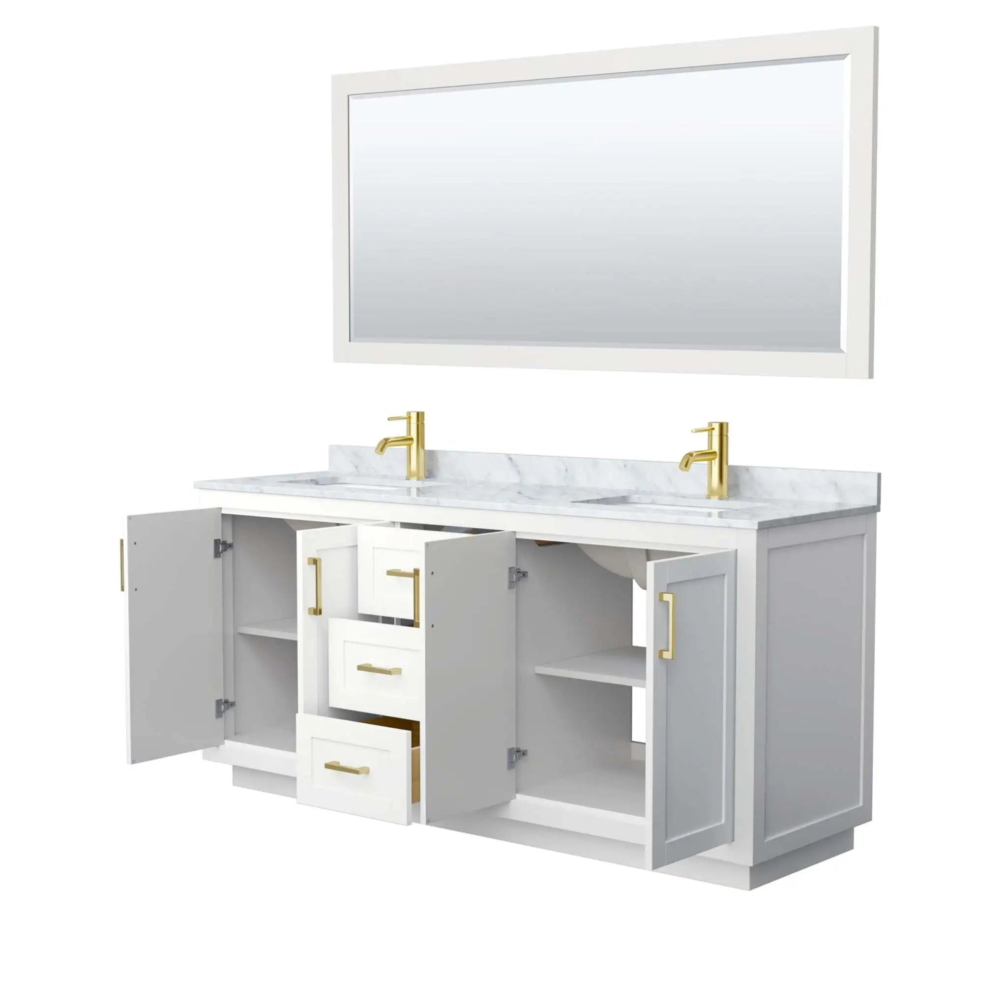72" Miranda Double Bathroom Vanity in White with Brushed Gold Trim & 70" Mirror by Wyndham