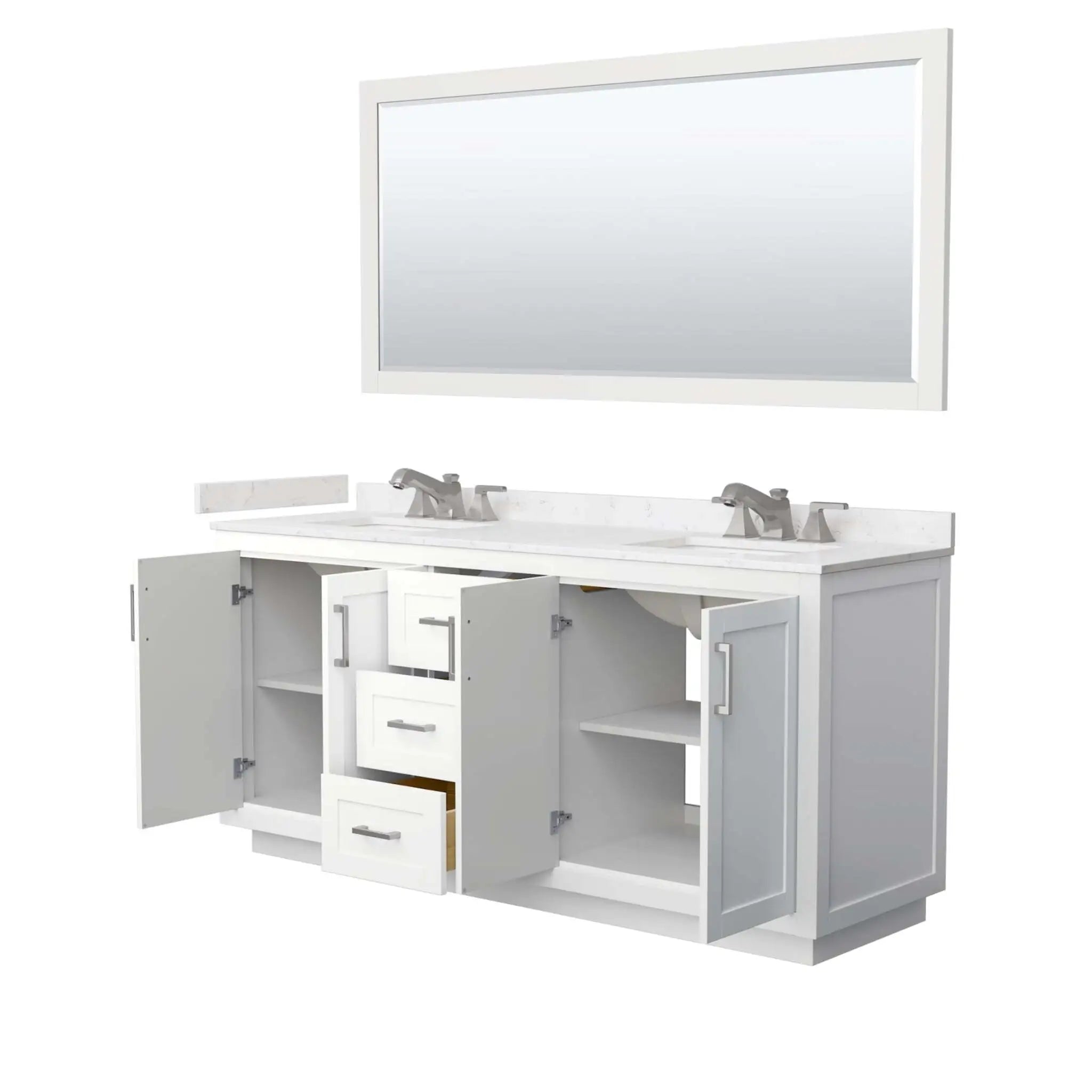 72" Miranda Double Bathroom Vanity in White with Brushed Nickel Trim & 70" Mirror by Wyndham