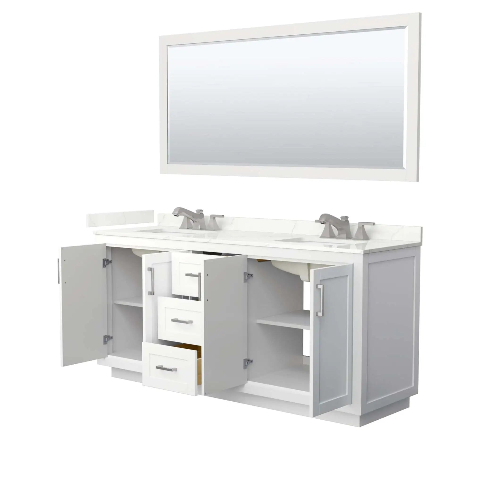 72" Miranda Double Bathroom Vanity in White with Brushed Nickel Trim & 70" Mirror by Wyndham
