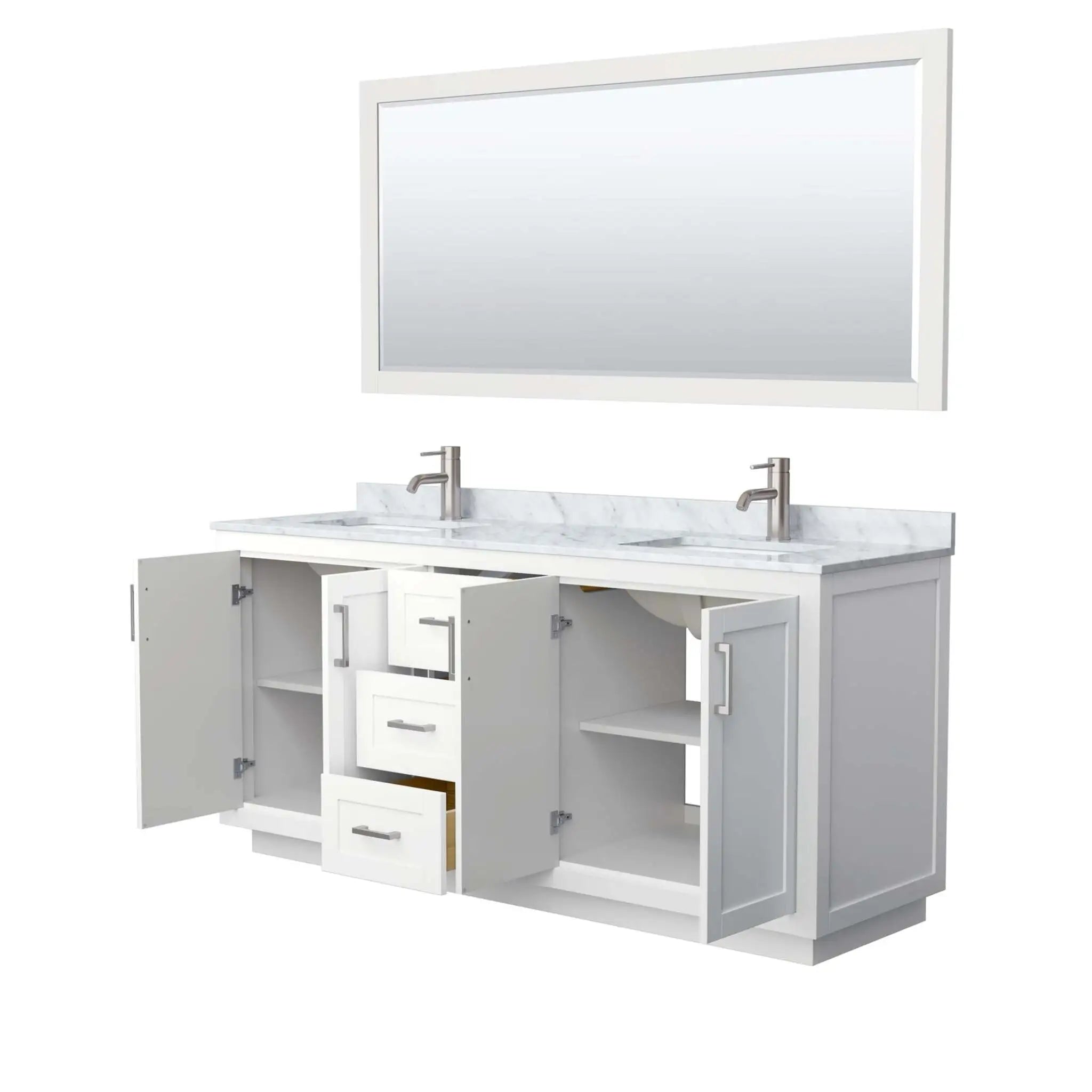 72" Miranda Double Bathroom Vanity in White with Brushed Nickel Trim & 70" Mirror by Wyndham