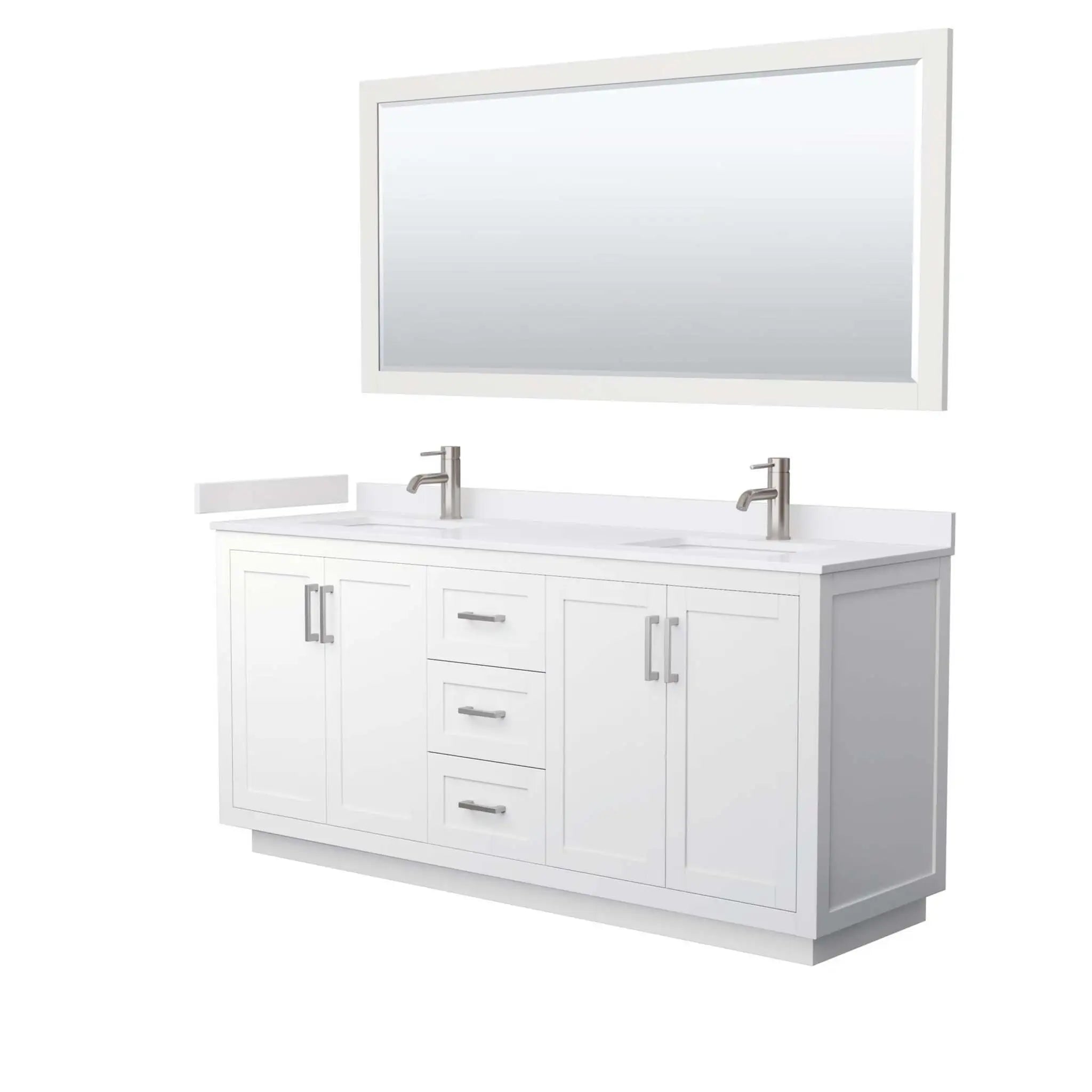 72" Miranda Double Bathroom Vanity in White with Brushed Nickel Trim & 70" Mirror by Wyndham