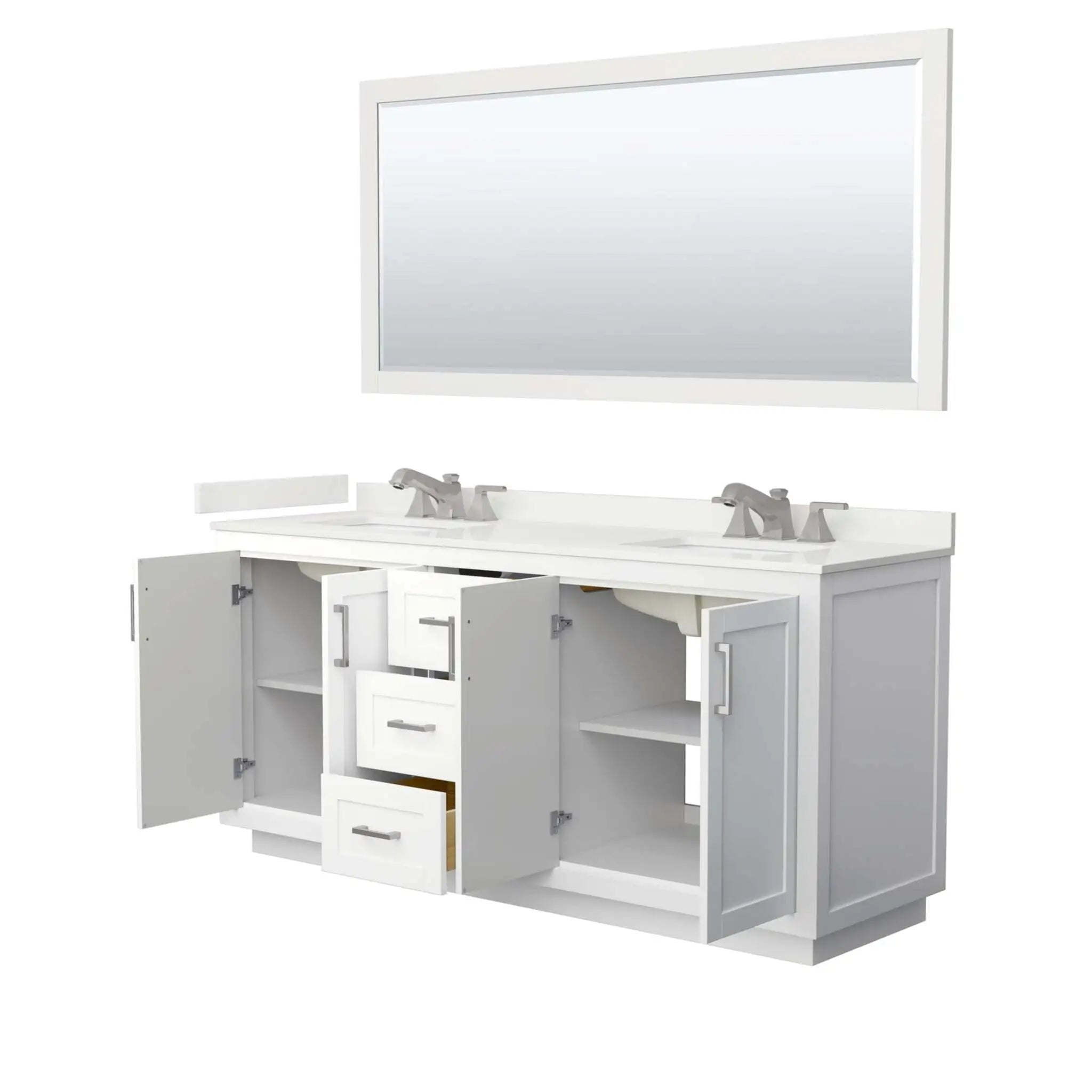 72" Miranda Double Bathroom Vanity in White with Brushed Nickel Trim & 70" Mirror by Wyndham