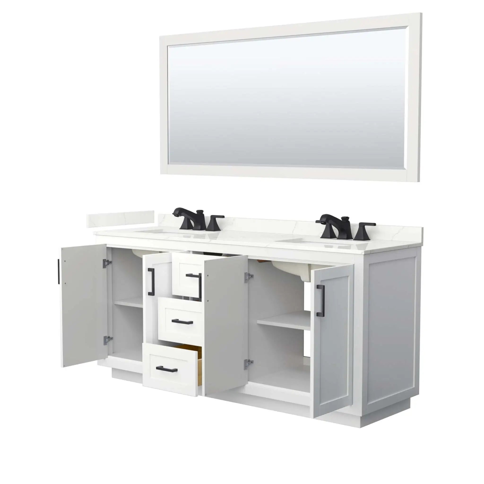 72" Miranda Double Bathroom Vanity in White with Matte Black Trim & 70" Mirror by Wyndham