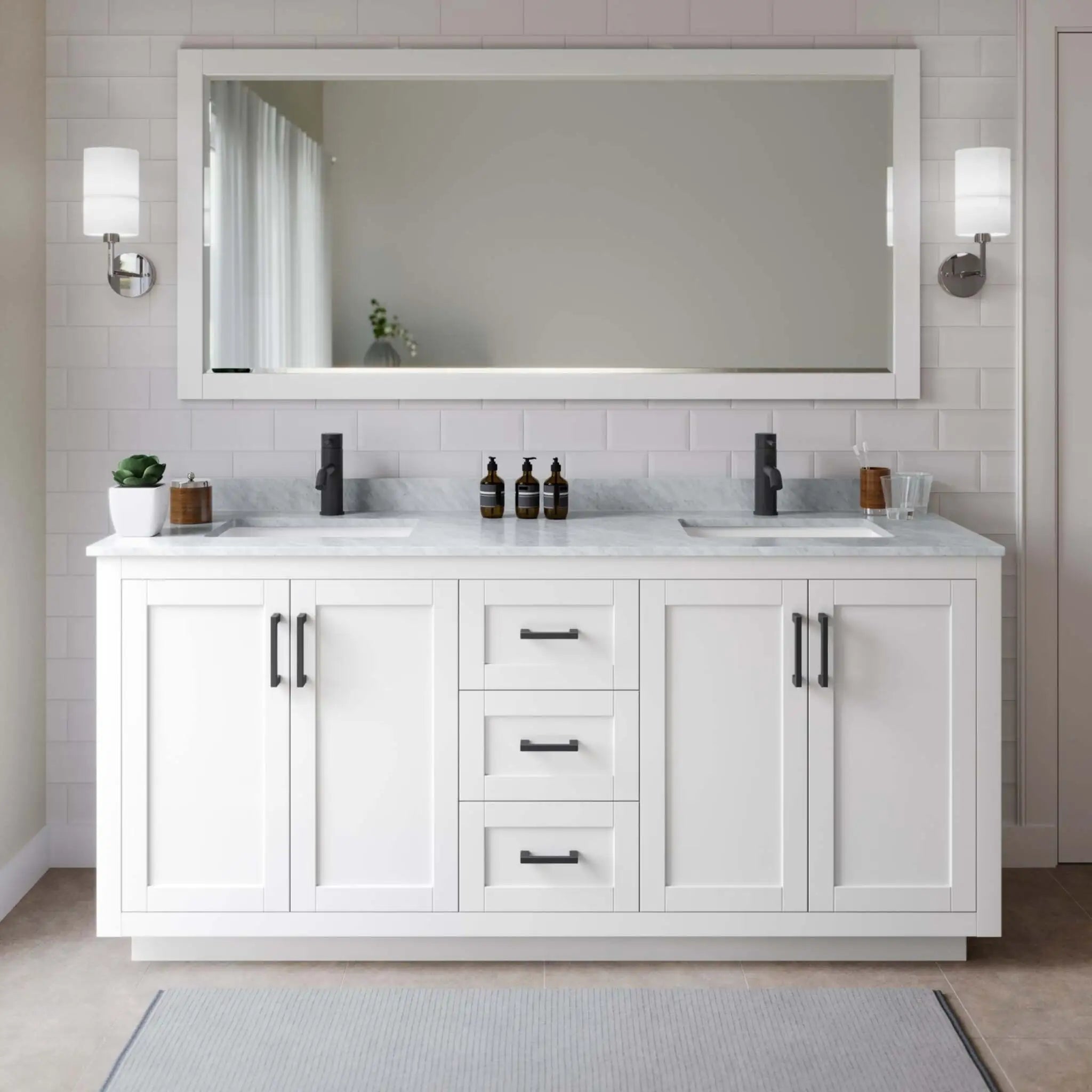 72" Miranda Double Bathroom Vanity in White with Matte Black Trim & 70" Mirror by Wyndham
