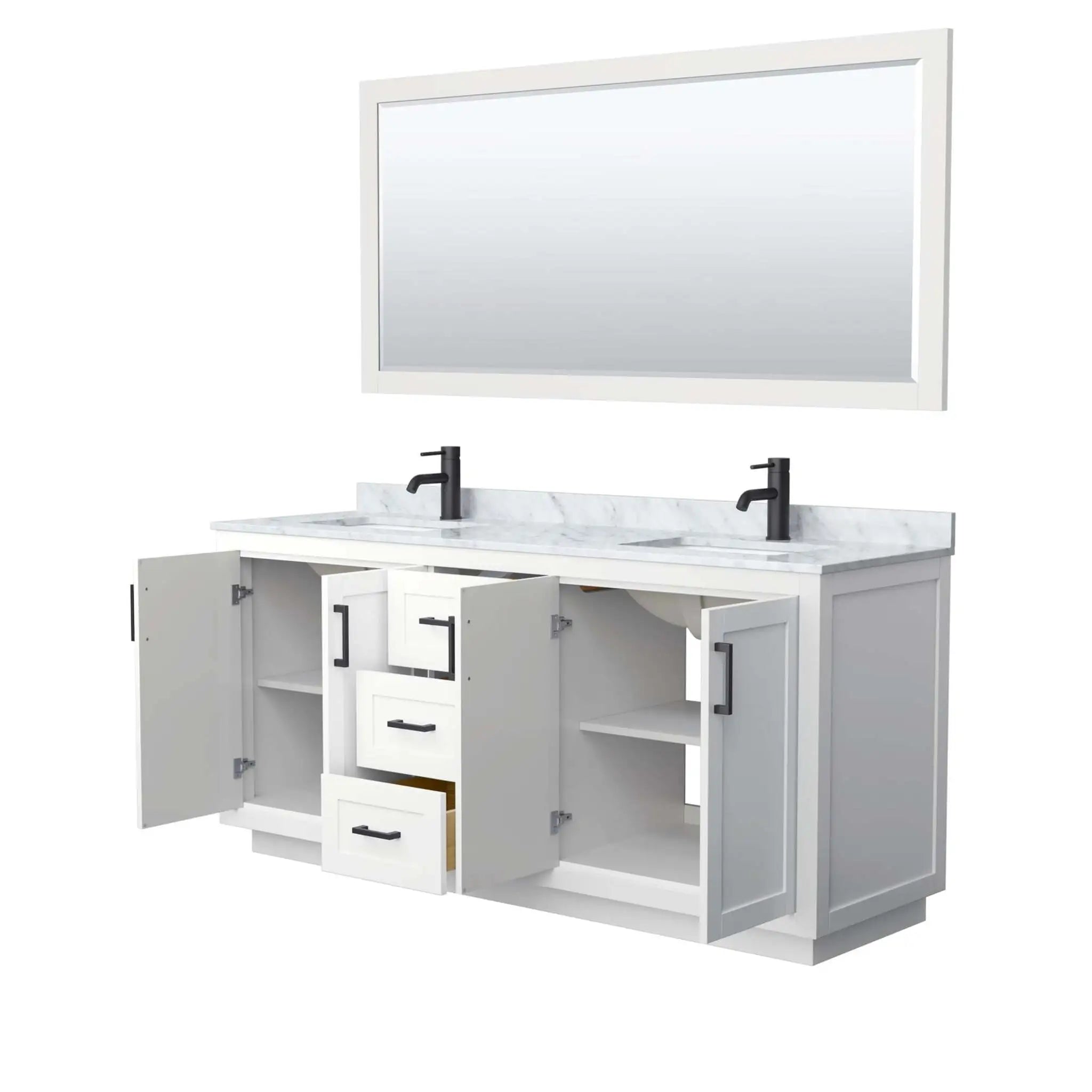 72" Miranda Double Bathroom Vanity in White with Matte Black Trim & 70" Mirror by Wyndham