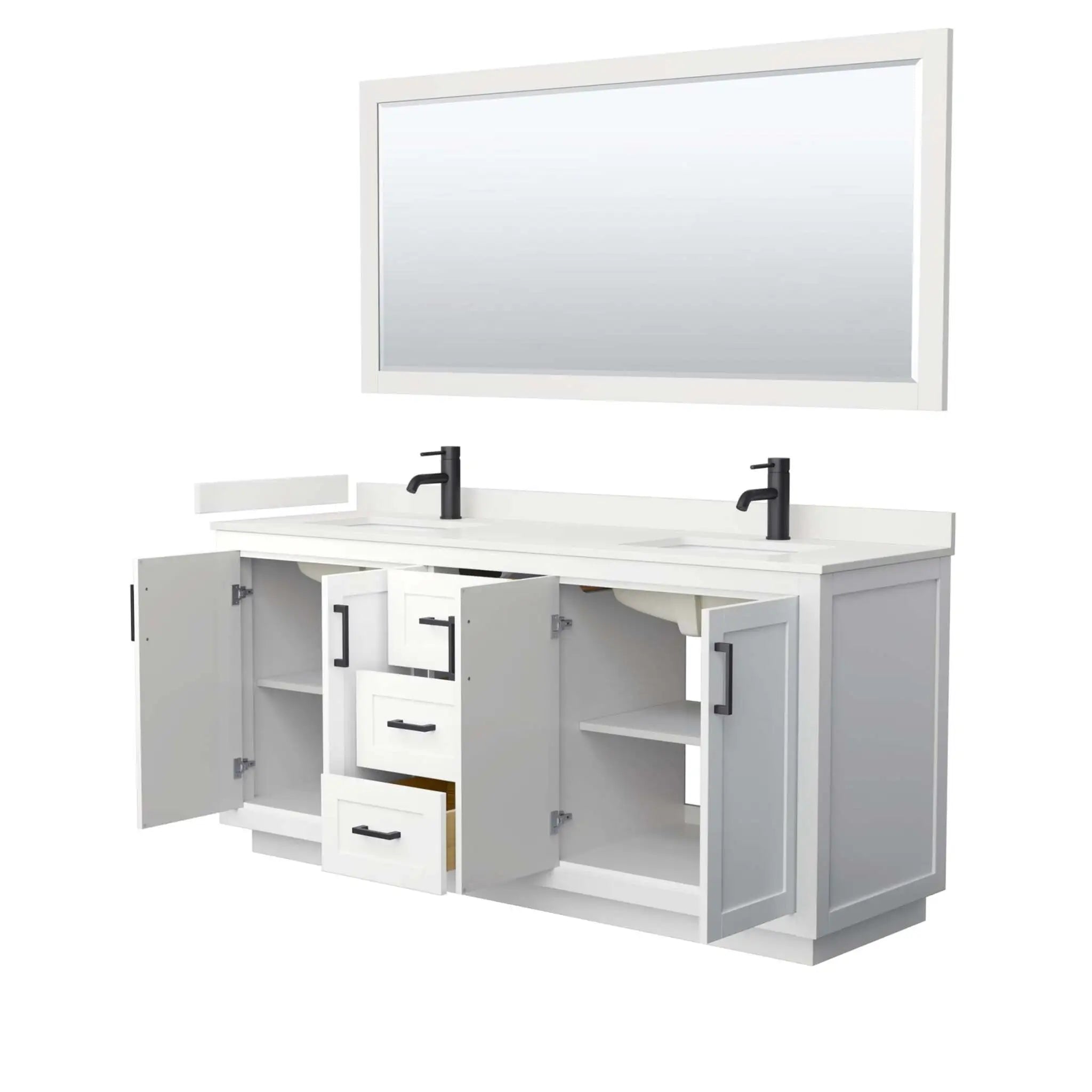 72" Miranda Double Bathroom Vanity in White with Matte Black Trim & 70" Mirror by Wyndham